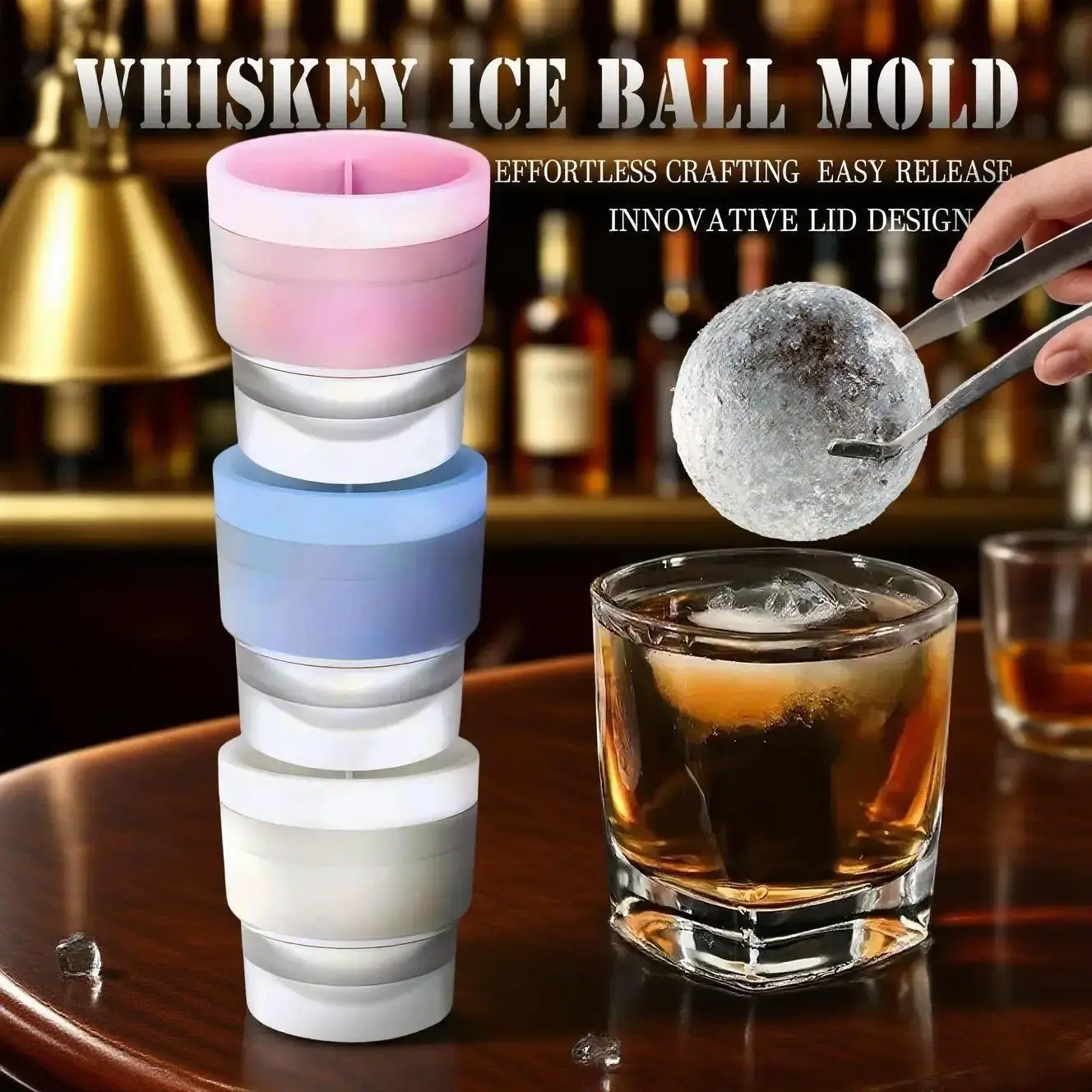 Ice Ball Molds, Set of 3, Slow-Melting Stackable Large Ice Cube Maker big Ice Spheres for Whiskey Cocktails Juice Beverages Bourbon