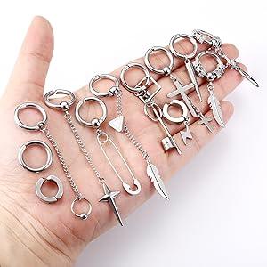 Sanfenly 18Pcs Dangle Clip On Earrings for Men Fake Earrings Stainless Steel Cross Sword Feather Lightning Hinged Hoop Non-Piercing Earrings Set Black Silver Tone