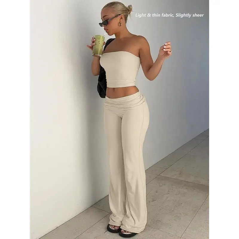 Women Solid Strapless Crop Tube Top & Foldover Waist Flare Pants Two Piece Set, Soft Casual Summer Outfit for Daily Outdoor Wear