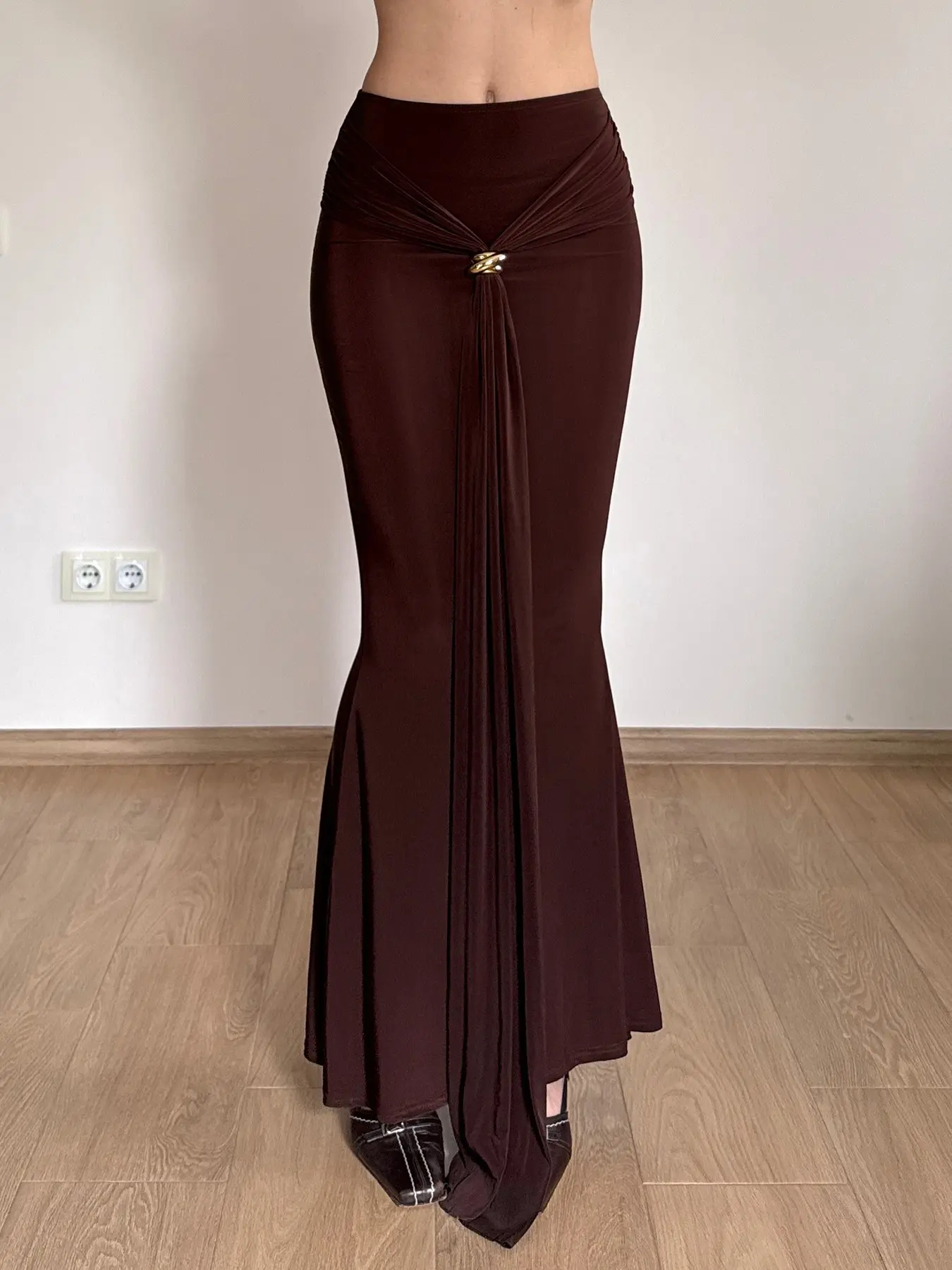 Vintage Fish Tail Long Skirt, Metal Buckle Ribbon Design, Bodycon Midi Dress, Perfect for Dates and Office Wear, Women's Fashion