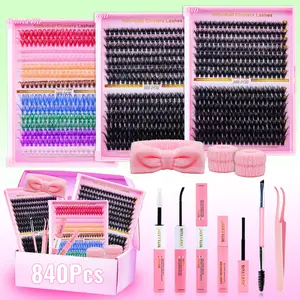 RITALASH 840Pcs Lash Clusters Kit Bulk Packs False Eyelash Extensions D Curl Wispy Individual Fake Eyelashes, Volume Studio Effect, Colorfued Individual Lashes, Large Pack with Bond&Seal|Tweezers|Remover|Brush|Washset