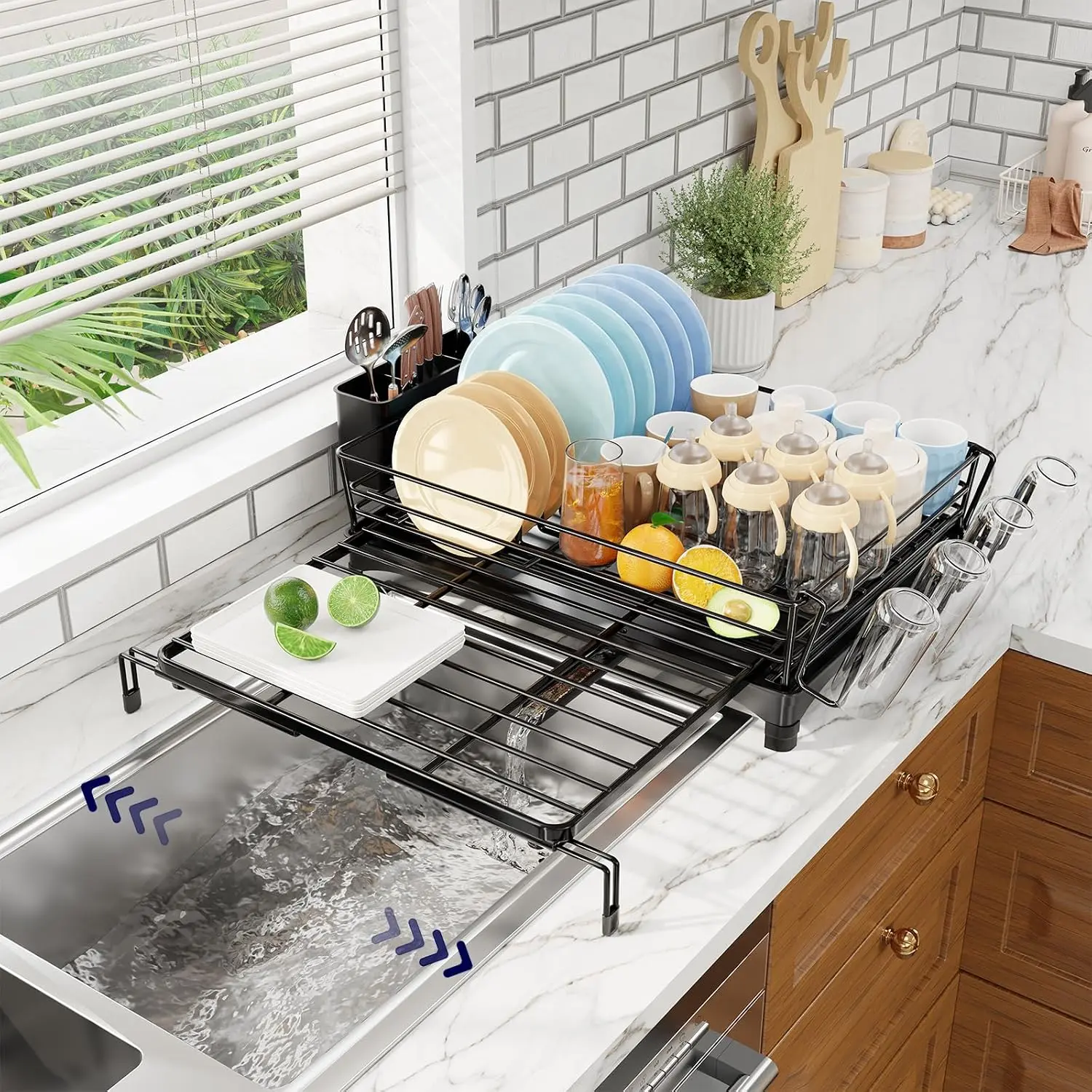 Dish Drying Rack - Expandable Dish Rack for Kitchen Counter, Large Capacity Dish Drainer, Stainless Steel Dish Strainer with Utensil & Cup Holders, Black