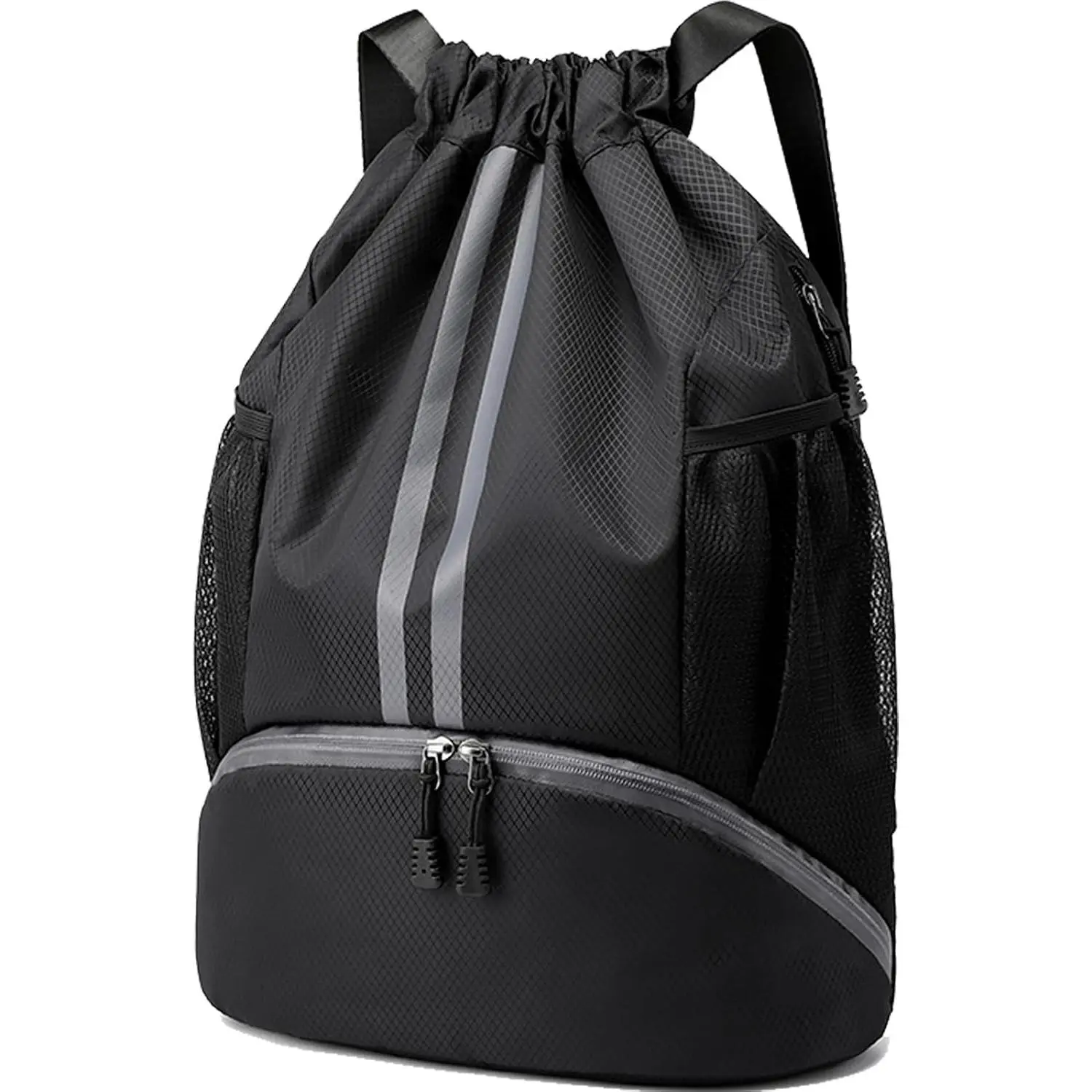 Sports Drawstring Backpack, Swim Gym Bag for Women and Men, String Bag with Shoes Compartment & Wet Proof Pocket, Adjustable Wider Shoulder Strap, For Soccer, Basketball