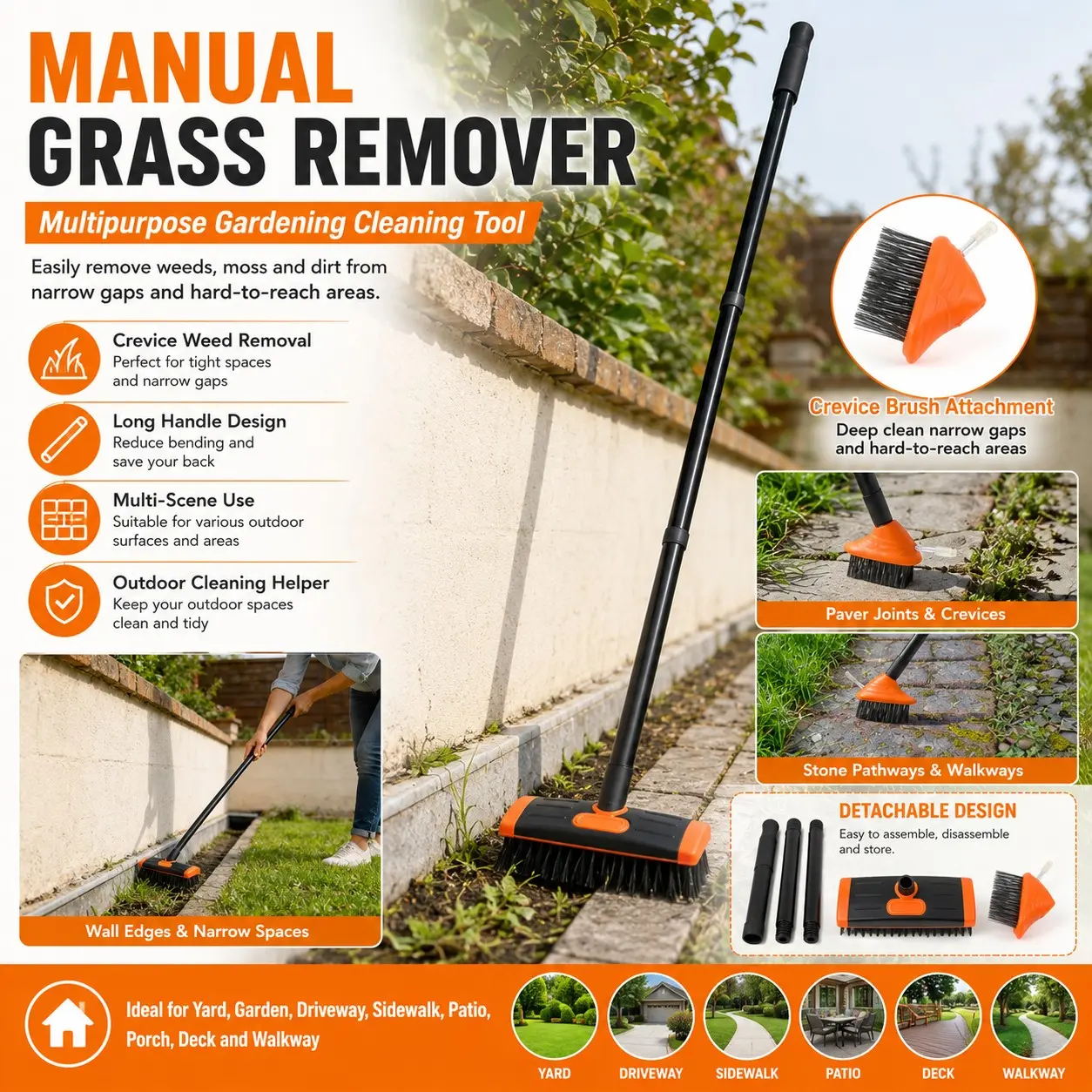 Multi-Functional Long Handle Weed Brush, Ideal for Stone Gaps and Wall Roots, Standing Design for Comfort, Garden and Pathway Cleaning Tool, Home
