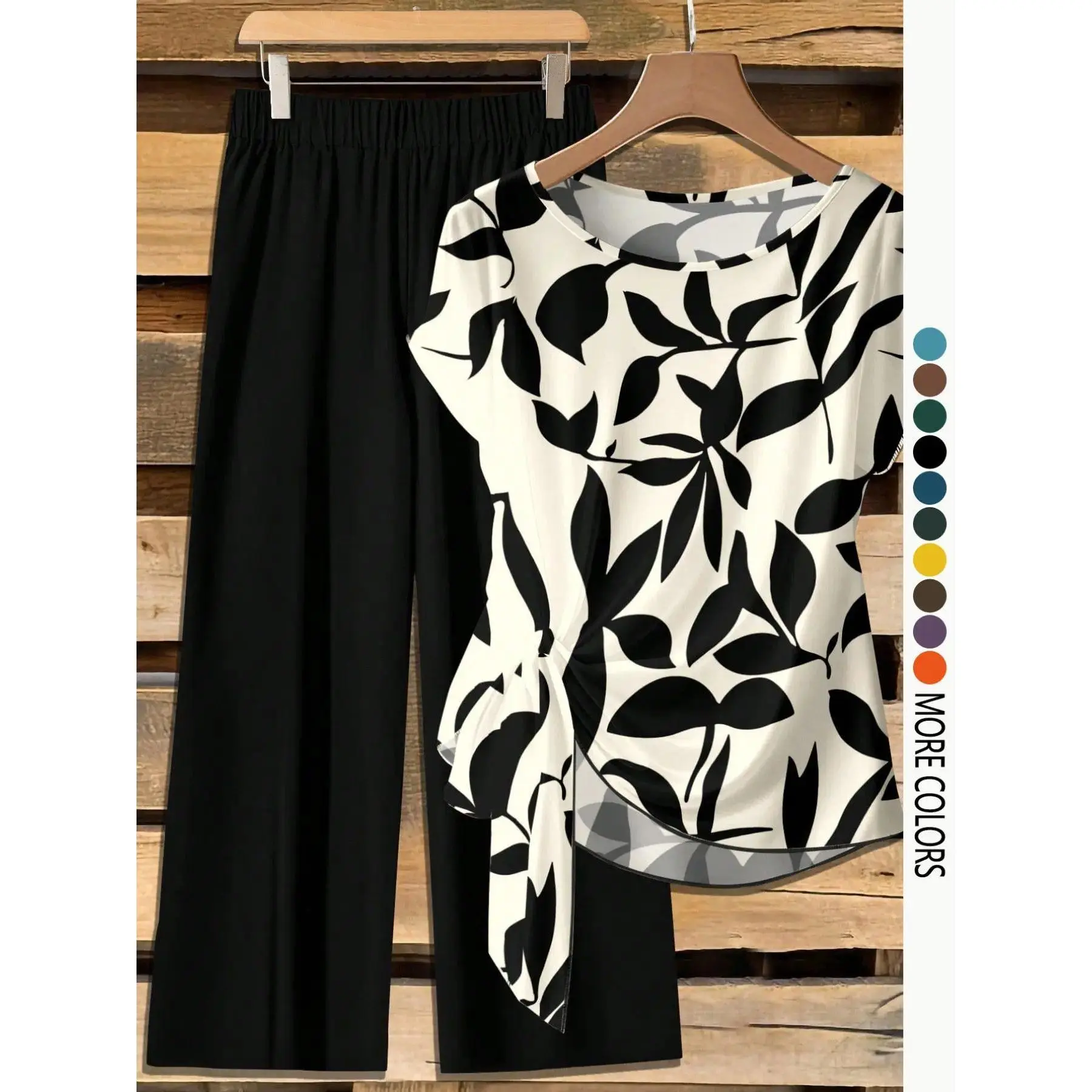 Women’s Casual Printed 2 Piece Outfit, Knot Front Shirt and Loose Straight Leg Pants, Lightweight Spring Summer Matching Set