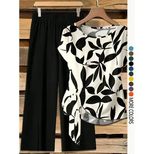 Women’s Casual Printed 2 Piece Outfit, Knot Front Shirt and Loose Straight Leg Pants, Lightweight Spring Summer Matching Set