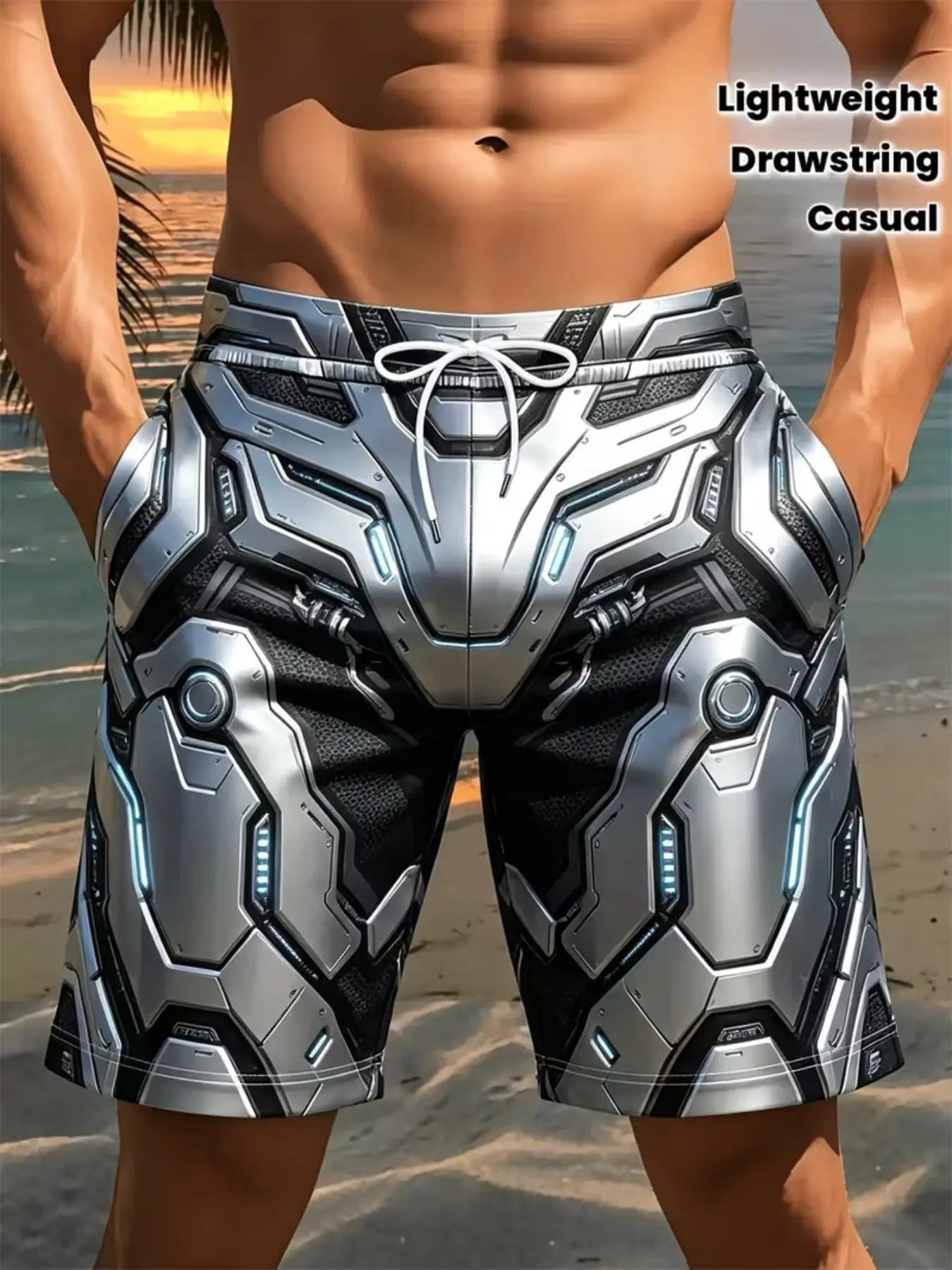 Summer Men's Shorts, 3D Sci-Fi Mech Armor Print, Quick-Dry Drawstring Five-Quarter Pants, Beachwear for Men, Stylish and Comfortable