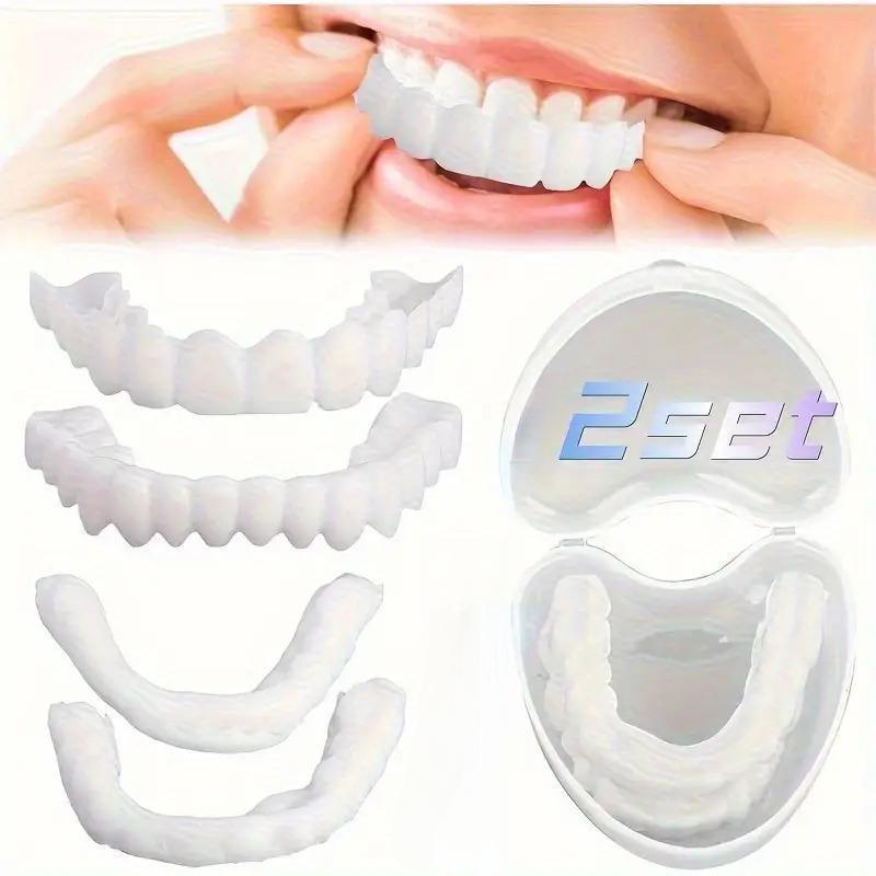 2 Sets of Adjustable Snap-On Dentures, Temporary Dentures for Upper and Lower Teeth, Unisex Instant Teeth Kit, Easy-to-Wear Dental Veneers.