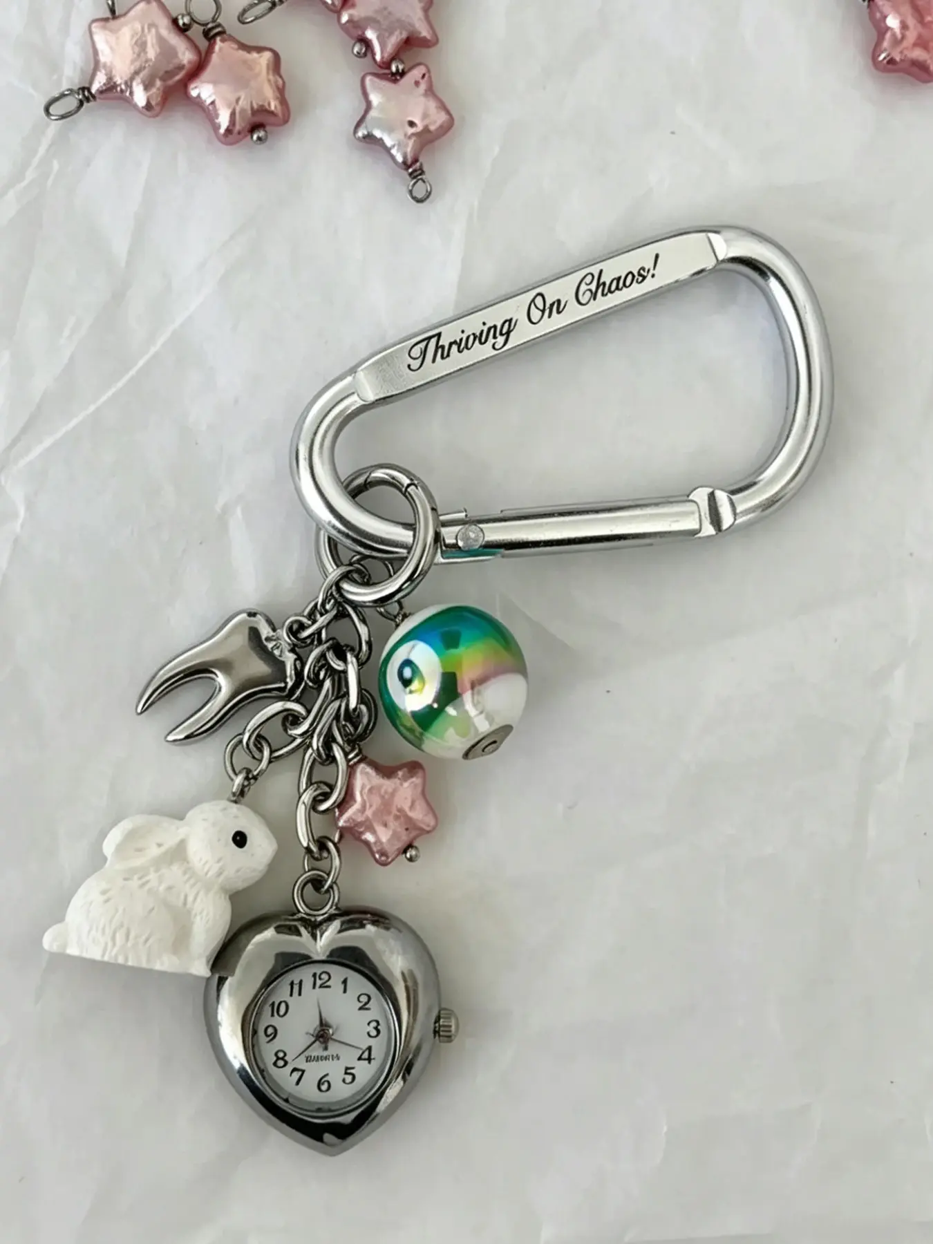 Y2K Millennium Heart Clock Keychain, Retro Sweet Cool Rabbit Star Pendant, Creative Backpack Key Chain, Casual Cartoon Style