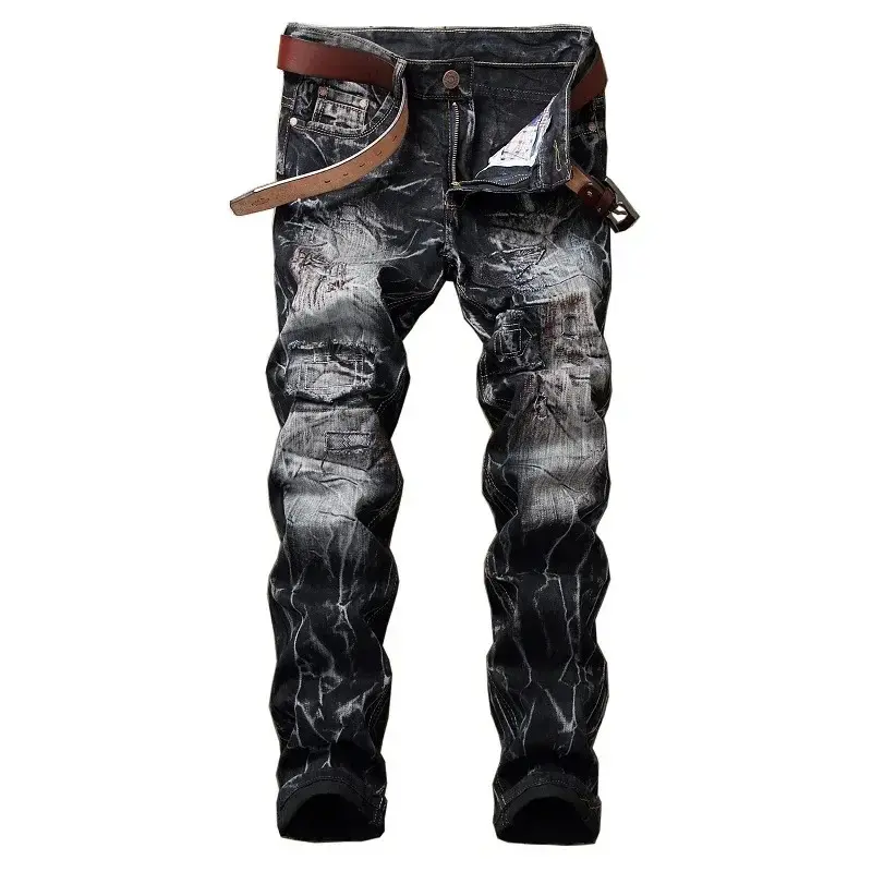 Men's Patchwork Ripped Jeans (no Belt) Personalized Fashion Vintage Denim Pants High Street Hip Hop  Male Trousers
