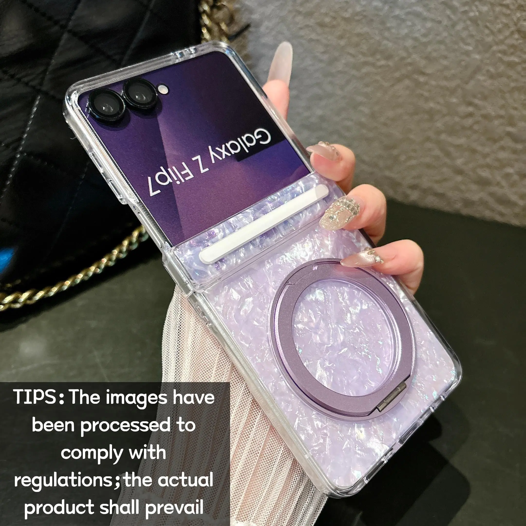 Gilded Shell Pattern & Central Axis Magnetic & Stand Phone Case, Smartphone shell, with magnetic support for wireless charging, for Samsung Galaxy Z Flip 8/7/6/5, stylish protective cover, designed for daily use, protective outer shell