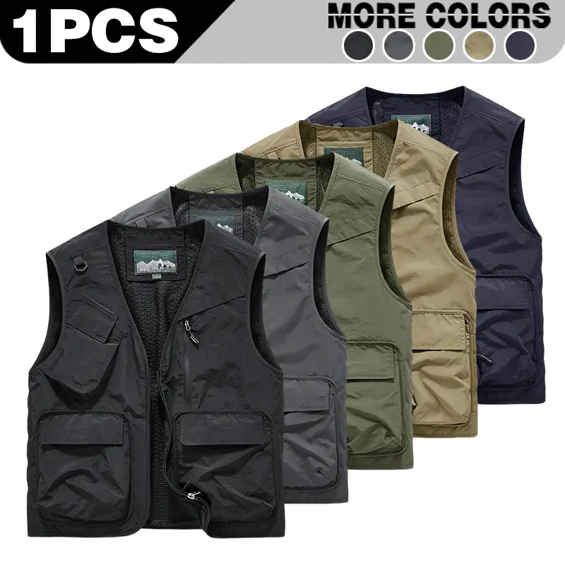 Outdoor vest men's multiple pocket loose vest workwear casual jacket V-neck slanted pocket vest