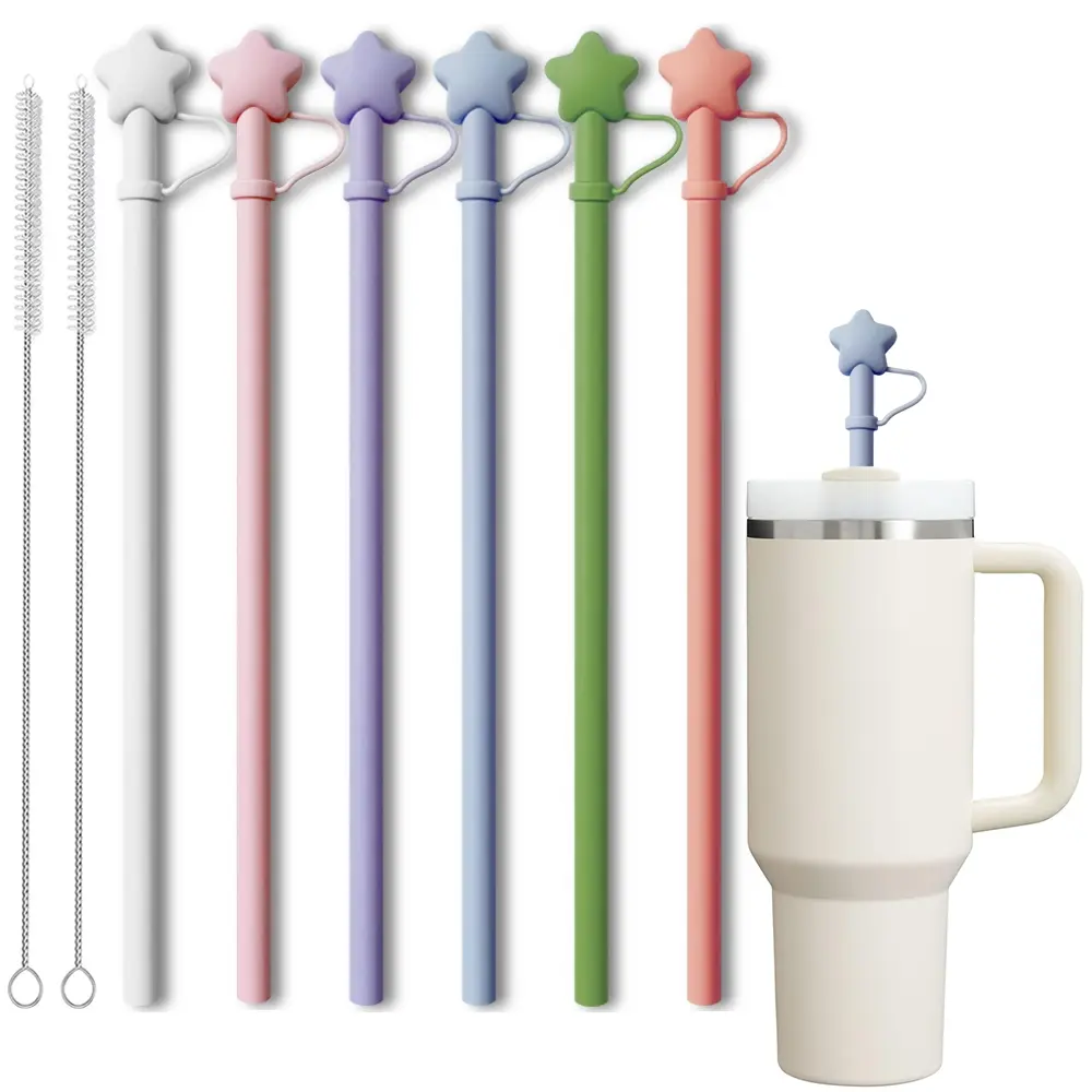 Replacement 14 inch Long Silicone Straw With Straw Cover, Compatible with Stanley 40 oz 30 oz Cup Tumbler, 6 Pack Reusable Bent Straw with Cleaning Brush, for Stanley Tumbler Accessorie