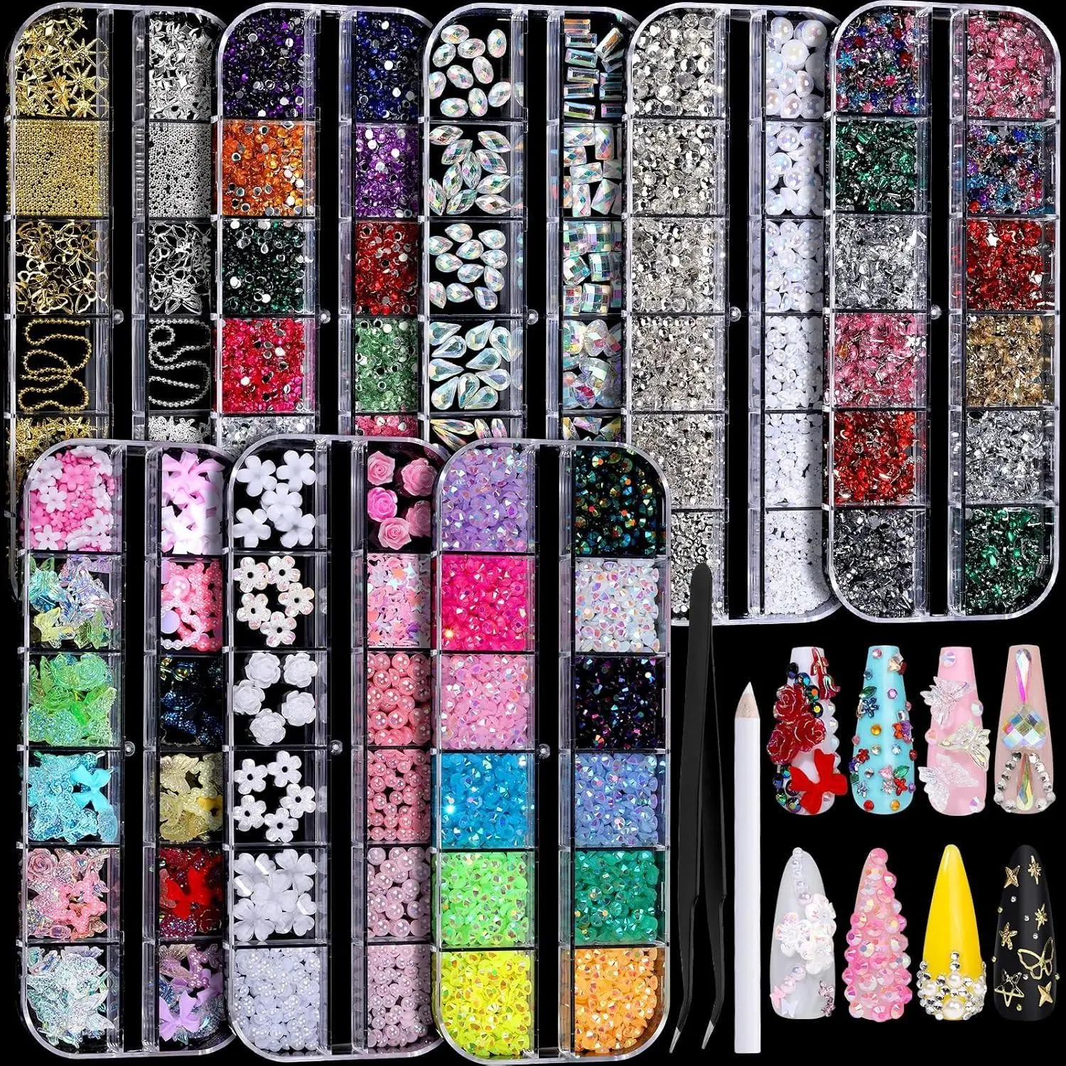 8 Box Nail Rhinestone Set with Accessories, Gemstone Drills, Colorful Transparent Flat Back Rhinestones, DIY Jewelry Craft Kit