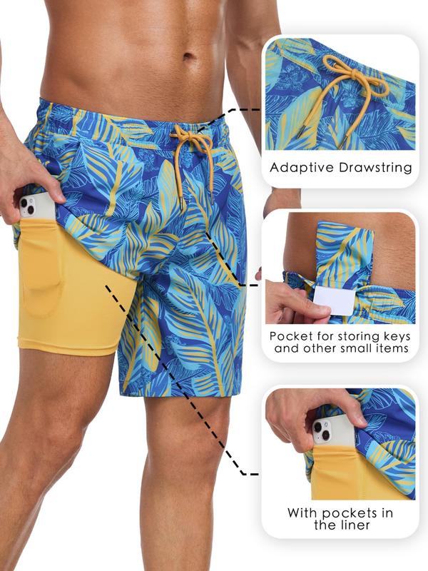 Men's 2-In-1 Swim Trunks, 7 Inch Swimming Shorts Beach Pants, Quick Dry Gym Shorts with Compression Lining, Gym Vacation Pool Wear