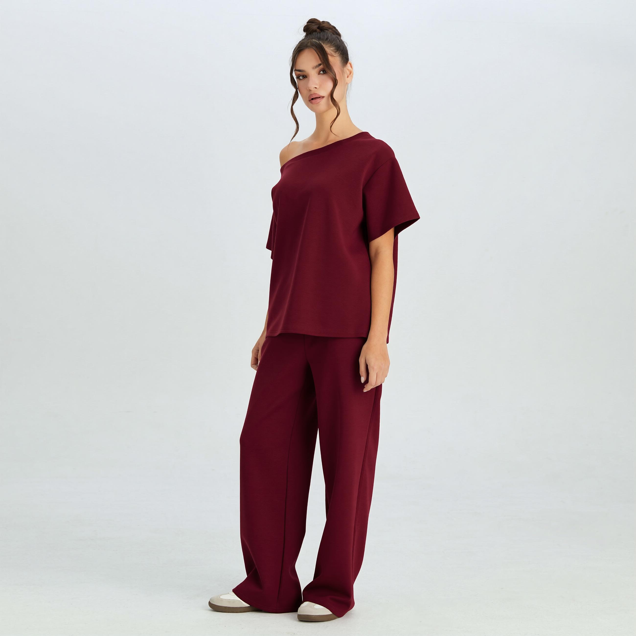 KatchMe Women's Simple Style Solid Color Sloping Shoulder Short Sleeve Top & Drawstring Waist Wide Leg Trousers Co-ord Set & Separates, Minimalist Womenswear