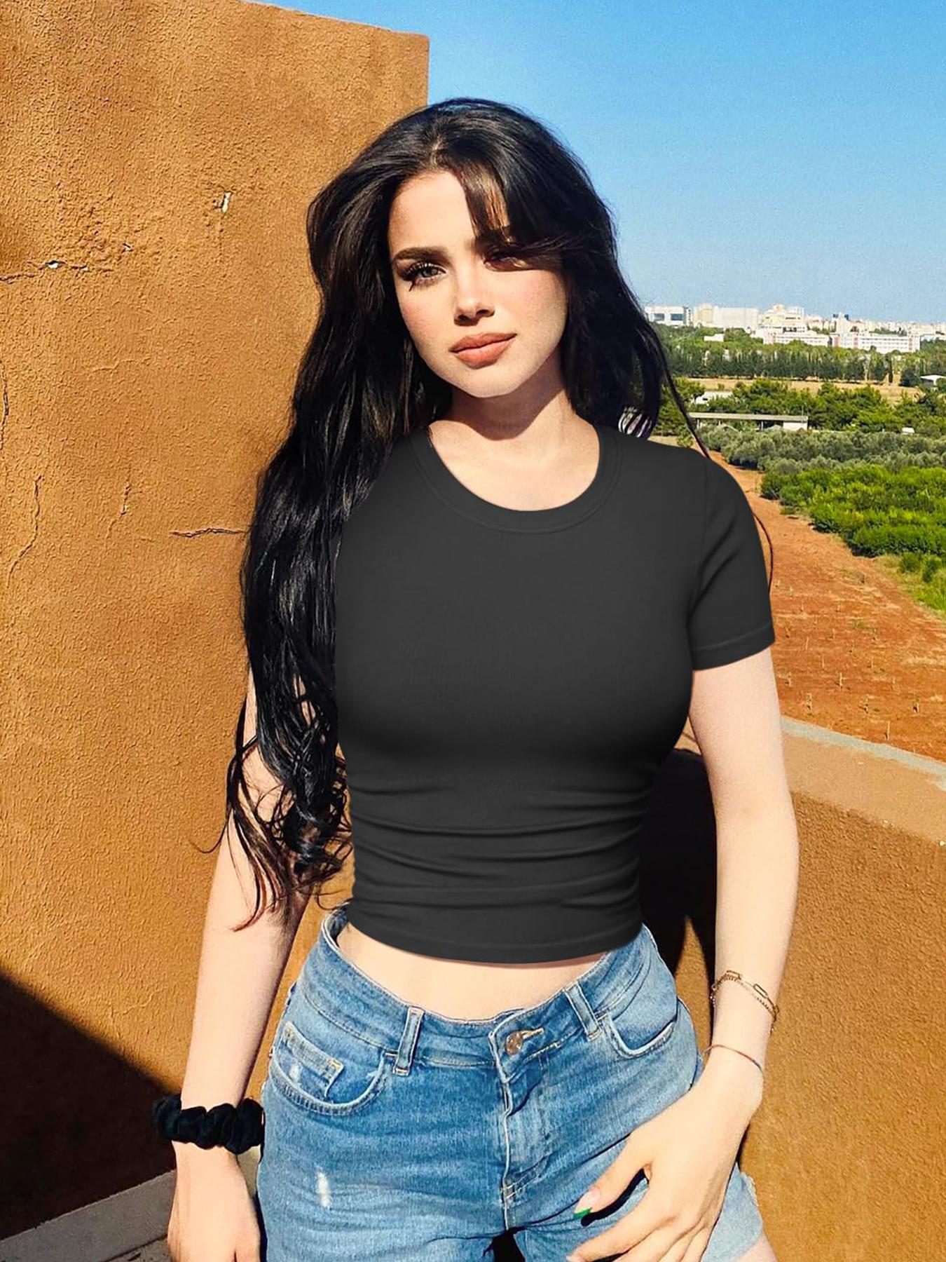 Women's Solid Color Round Neck Sports Tee, Athletic Top, Breathable Comfortable Short Sleeve T-shirt for Yoga Gym Workout, Ladies Sportswear for Summer