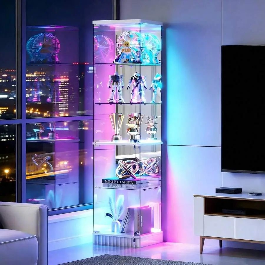 MGDC 67''Corner Curio Cabinet With Glass Door, Lockable Glass Display Cabinet With Motion Sensor Light, 5-Tier Removable Glass Shelf Collectibles Display Case, White