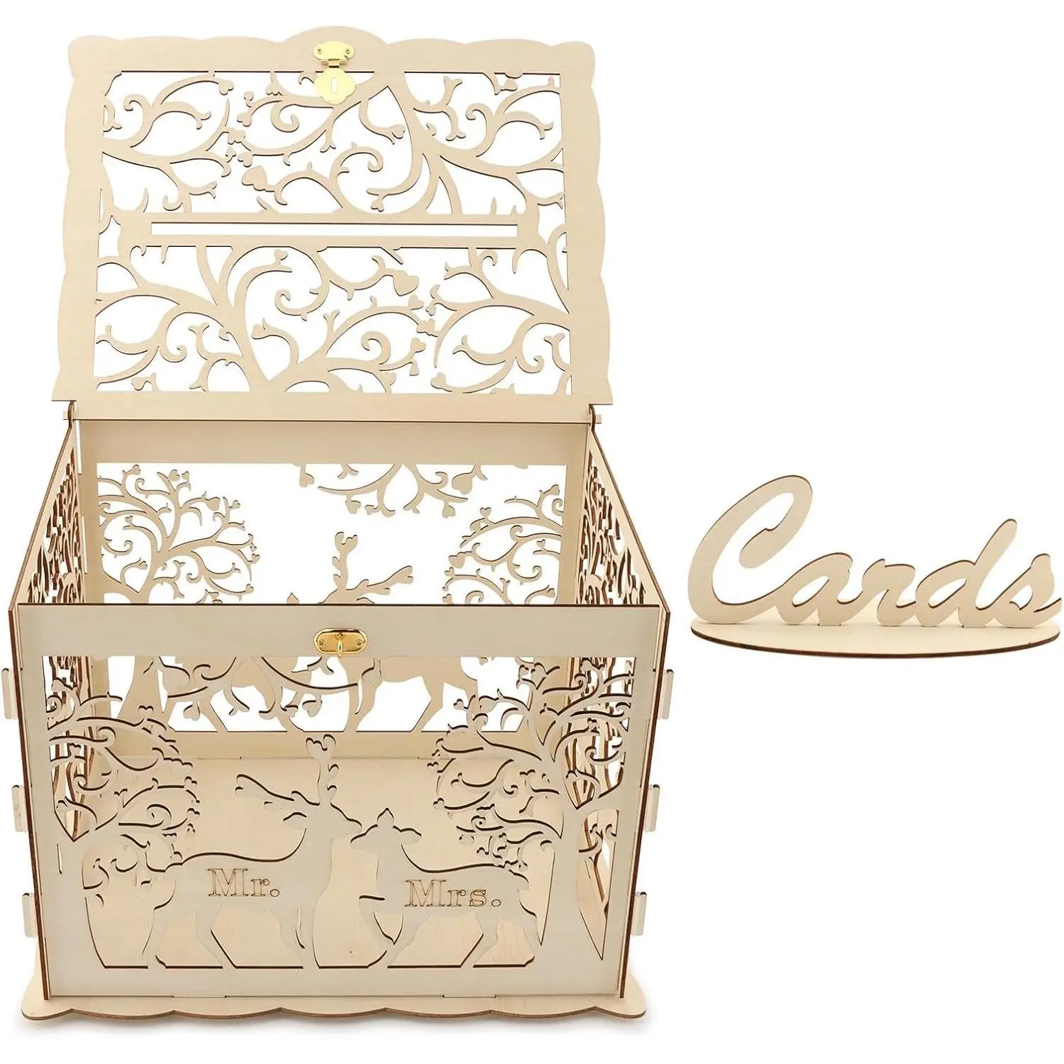 Elegant Wooden Wedding Card Box - Large Capacity (Holds 300 Cards) for Receptions, Anniversaries & Special Events - 30x24x22.5cm Foldable  Box with Insert Sign