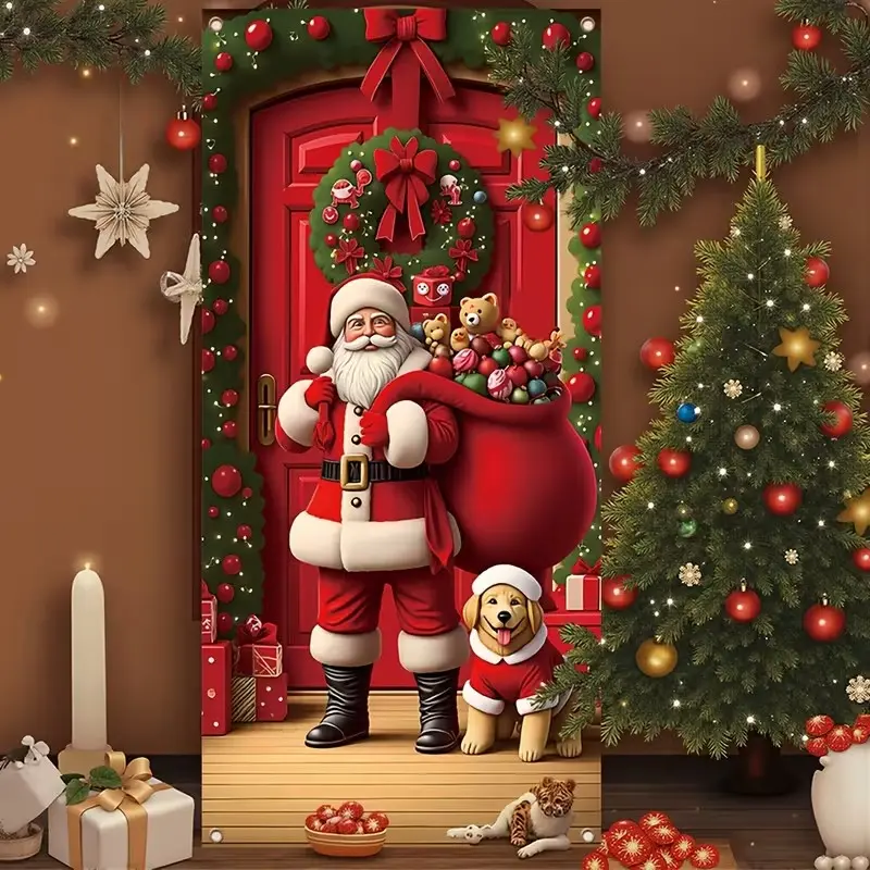 2D Flat Banner Door Cover, Polyester Christmas Dog Entrance Banner, Indoor Outdoor Party Wedding Decor, No Power Needed