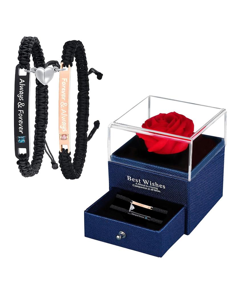 Braided Couple Matching Bracelet (2pcs/1 Set), Magnetic Heart & Letter Design Link Bracelet for Women & Men, Jewelry for Birthday Gift with Rose Box, Personalized Couples Bracelet, Adjustable Bracelets