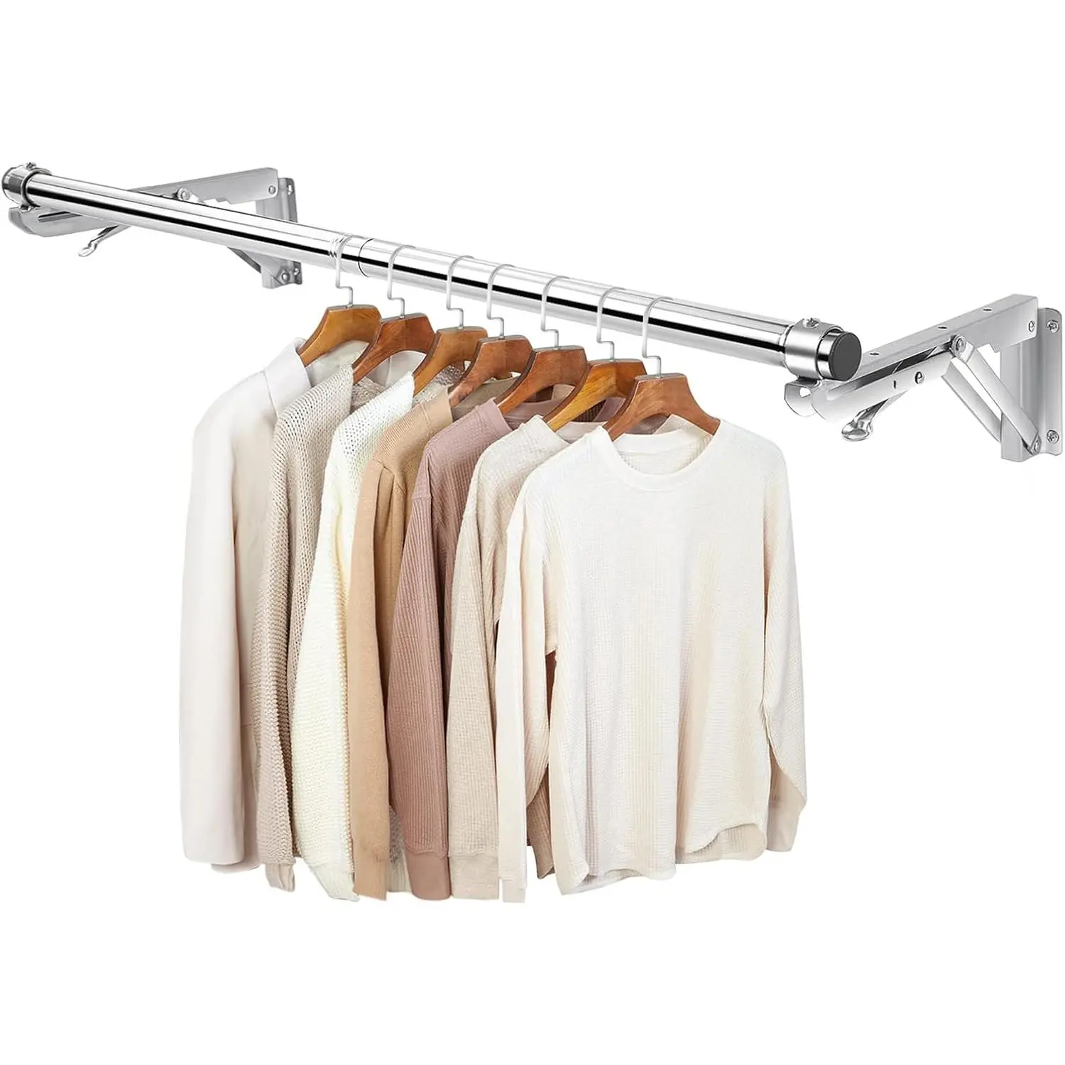 Foldable Wall Mounted Clothes Rack- 30'' Long Rod & 2 Thick Bases | Stainless Steel,Multi-Purpose for Space-Saving Garment Rack/Clothes Drying Rack/Clothes Hanger,Detachable Top Shelf Reserved