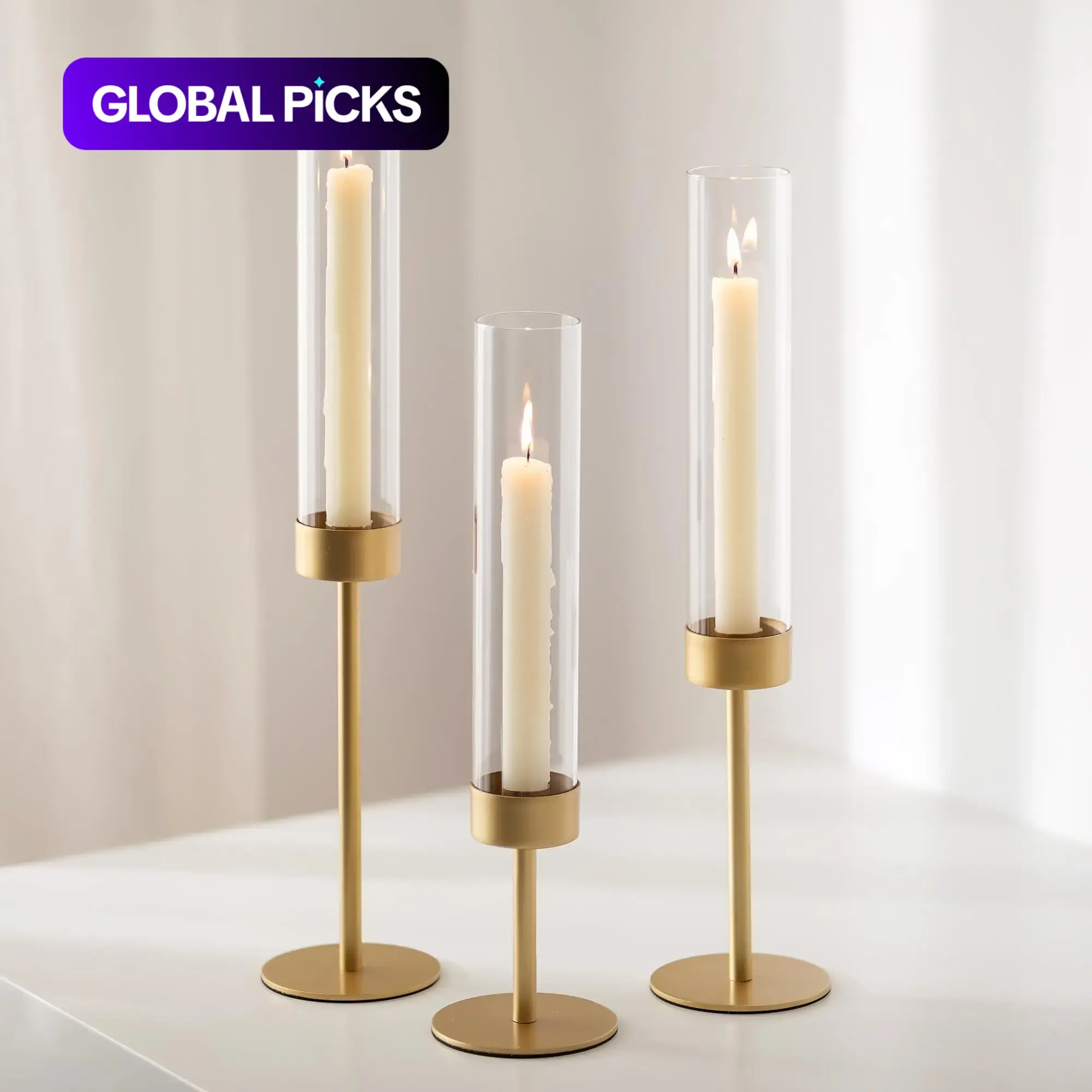Golden Candlestick Holders with Clear Windproof Glass Tube, 3 Sizes Tabletop Candle Stand, Candle Holders For Table Centerpiece, Wedding & Dining Table Decor for Bridal Shower, Engagement Banquet, Holiday Party Prop #GLOBAL PICKS