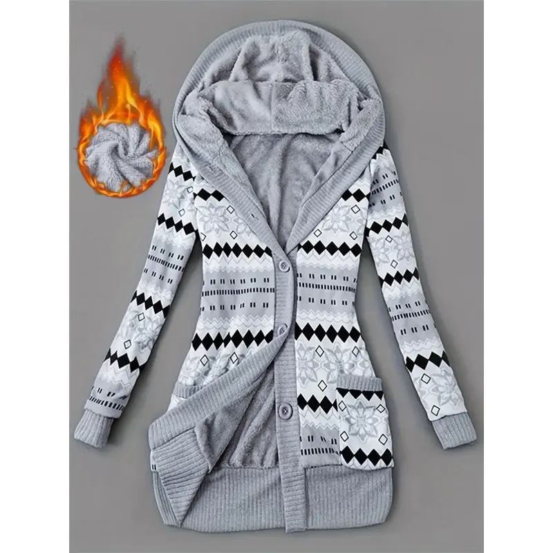 Women's Geometric Print Hooded Knit Sweater, Mid-Length Long Sleeve Casual Outerwear, Fall Winter Fashion Cozy Inner Lining