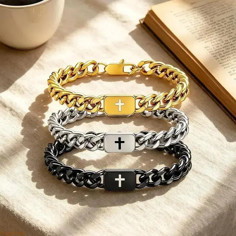 Minimalist Cross Cuban Link Bracelet with Engraved Bible Verse, Religious Wrist Jewelry, Perfect Father's Day Gifts for Men