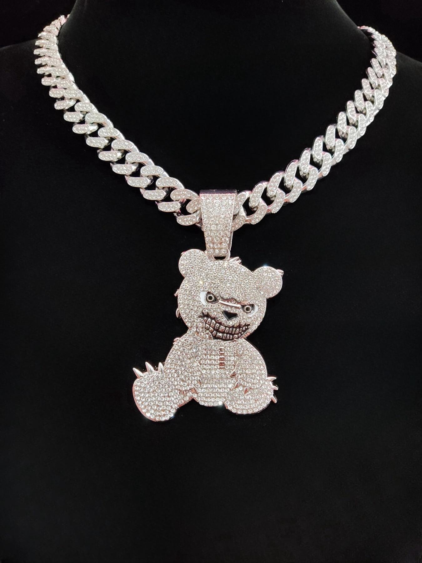 Unisex Punk Style Bear Pendant Necklace, Rhinestone Decor Cuban Chain Necklace, Fashion Jewelry for Party, Daily Decor, Bling Stylish Accessory, Jewelry for Birthday Gift, Valentine's Day, Cuban Link Chain, Necklaces Men, Statement Necklace