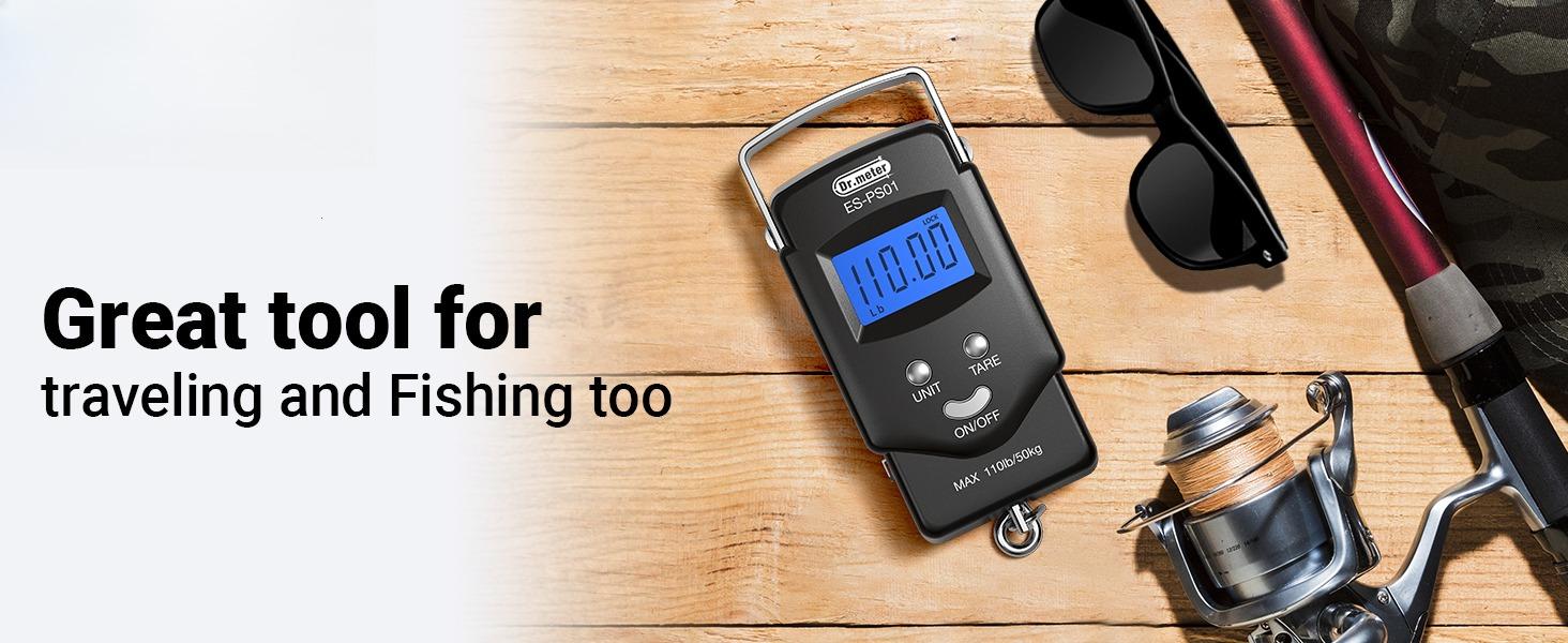 Electronic fish scale/luggage scale (fishing equipment) -110 pound backlit LCD display digital scale, built-in tape measure - comes with 2 AAA batteries, compact and portable - a fishing gift specially designed for men