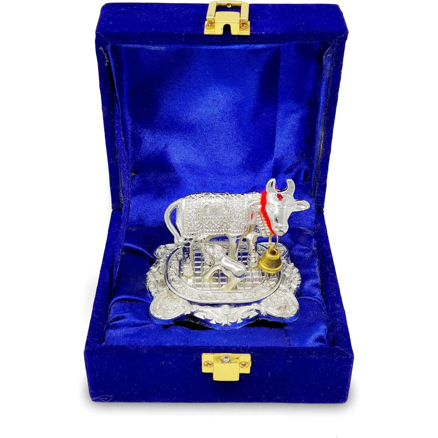 Small Kamdhenu Cow with  with Blue  Box Metal Statue Showpiece Decorative Item for  Office Diwali Decoration Pooja Items Wedding Return Gifts
