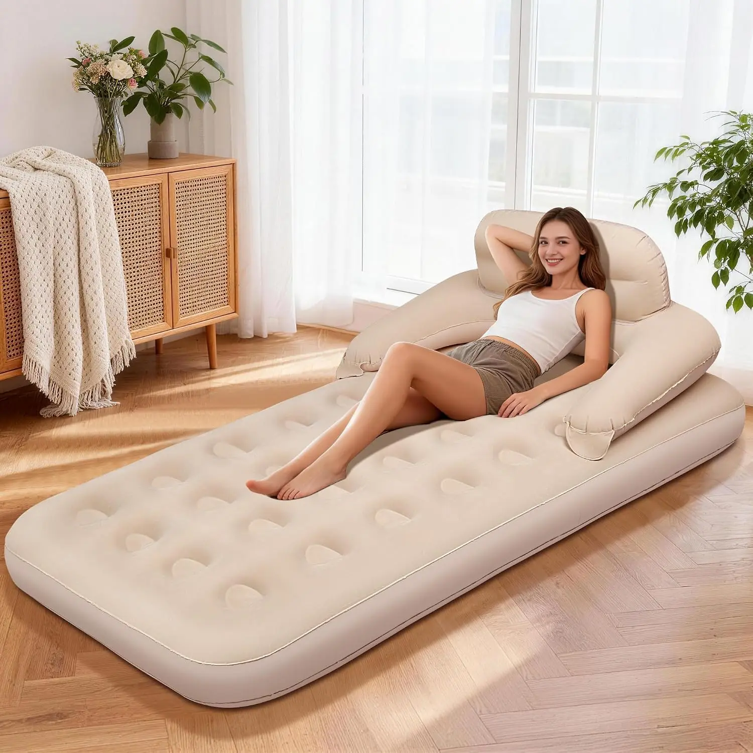 MeiLyte Inflatable Bed Twin Size, Inflatable Couch for Adults with Flocked Surface, Inflatable Air Mattress with Backrest, Comfortable Inflatable Sofa Bed, Inflatable Couch for Camping,, Indoor