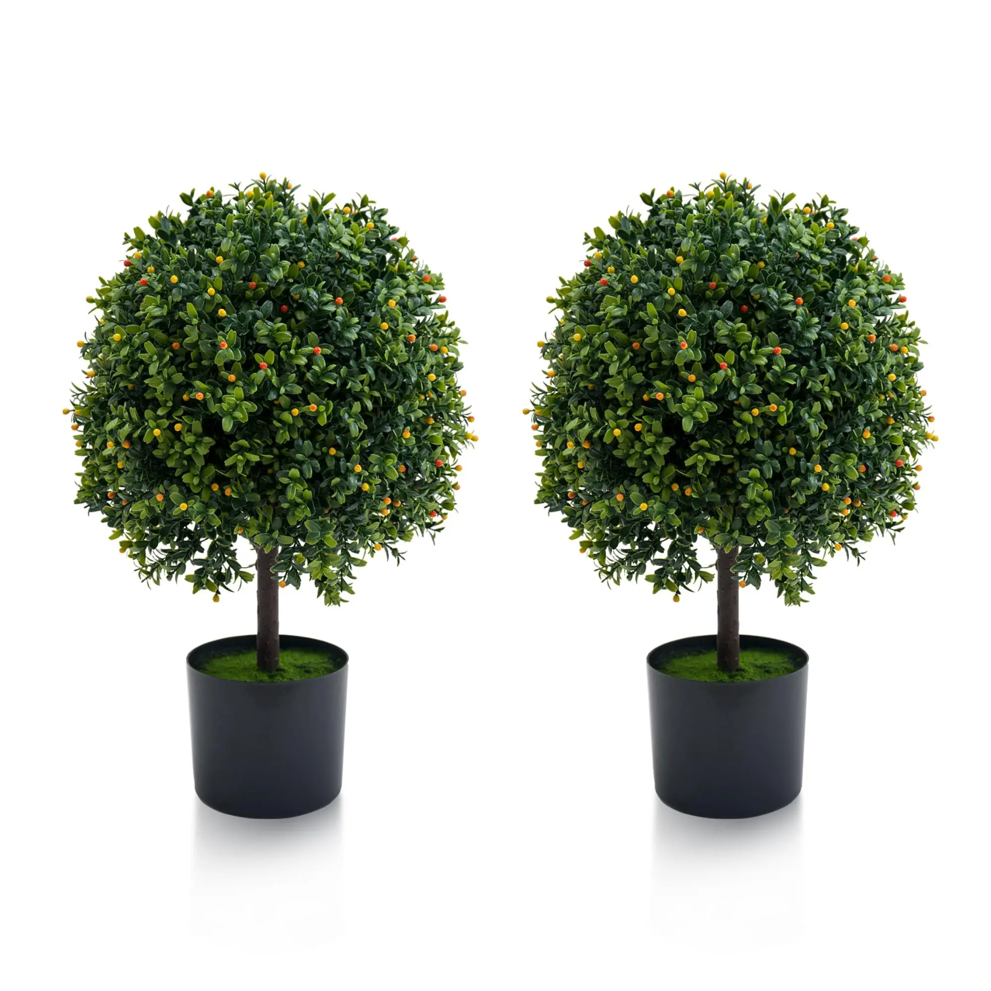 Set of 2 Artificial Boxwood Topiary Trees in Pots – Realistic Indoor/Outdoor Decorative Plants with Fruits, Easy Maintenance, Dark Green, 50 cm (20 in)