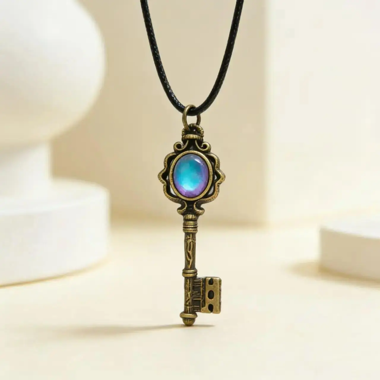 Key Shape Witchy Necklace - Gothic Boho Divine Feminine Style, Adjustable Solid Copper Antiqued Bronze Finish, Color-Shifting Fluorite Chakra Amulet, Reiki Master Healing Energy Unisex Vintage Petite Pendant, Daily Wear Jewelry Gift, Witchy Jewelry, Amule