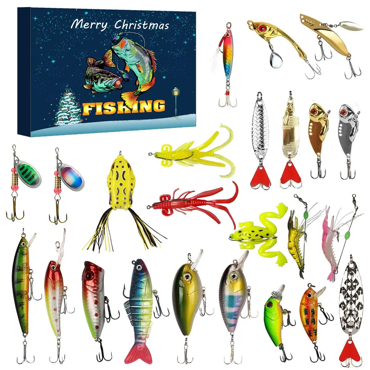 Fishing Advent Calendar – 24 Days of Fishing Lures & Tackle, Premium Hard Baits Spoons & Jigs for Freshwater Saltwater, Christmas Countdown Gift for Dad Husband Angler Teen Boy