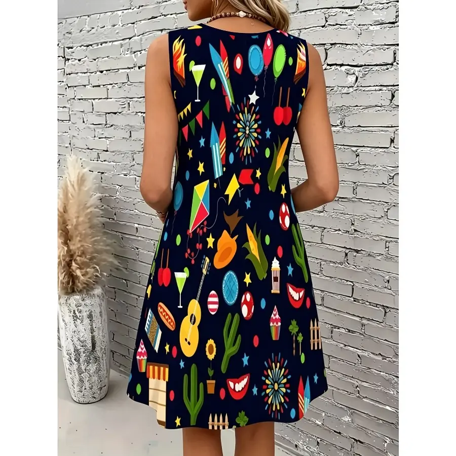 Women's Bohemian Digital Print Mexican-Themed Sleeveless Casual Dress, Vibrant Pattern, Ideal for Summer Parties & Casual Outings