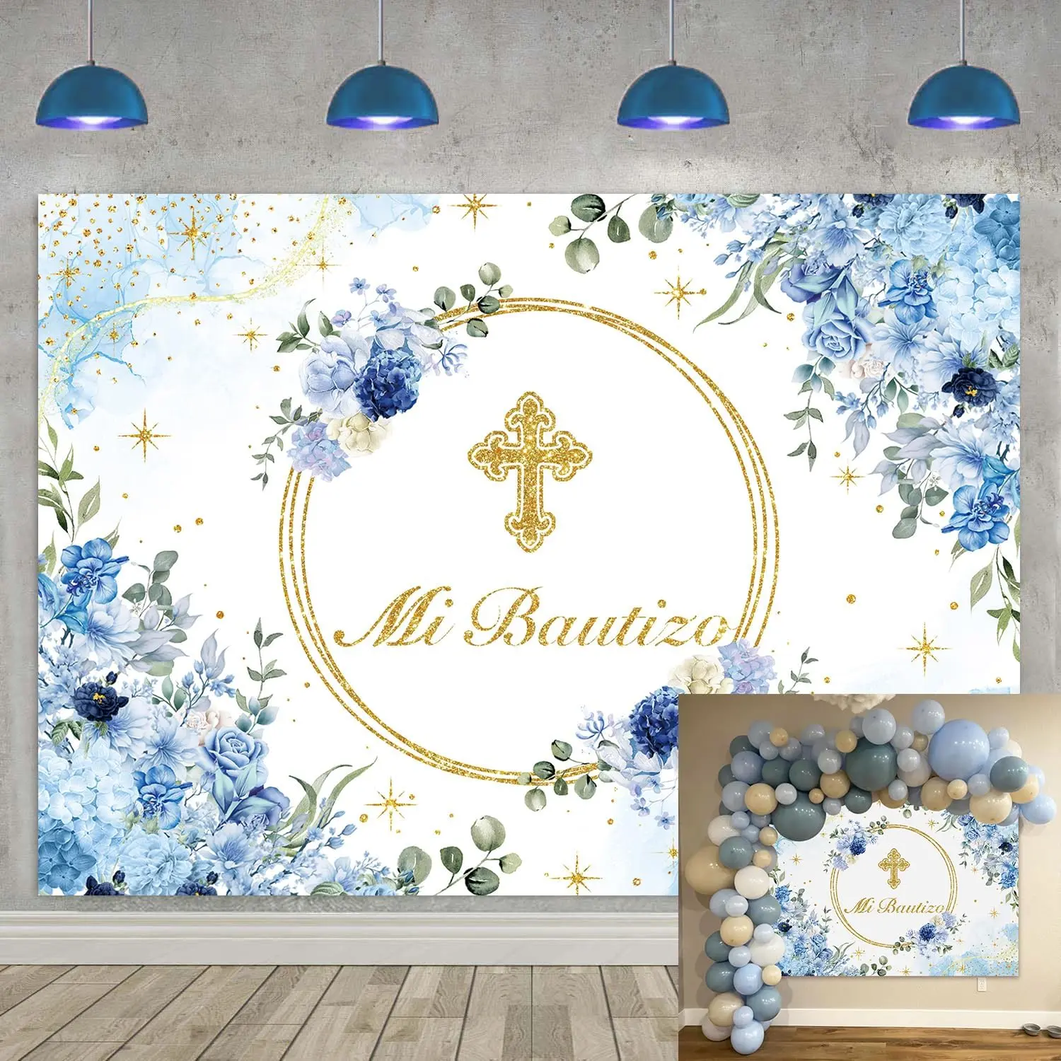 Mi Bautizo Backdrop First Holy Communion Baptism Christening Party Decorations Banner Blue Floral Glitter  Dot   Shower Photography Background Photo Booth Props (82x59 inch (7x5FT))