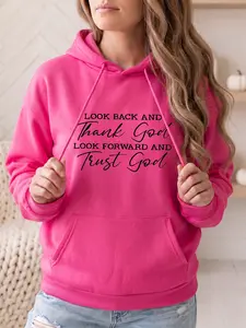 Women's fashionable hoodie with LOOK BACK AND THANK GOD LOOK FORWARD AND TRNST GOD letter print on the front pocket, long-sleeved women's sportswear sweatshirt for autumn/winter, suitable for daily casual outings and party wear.