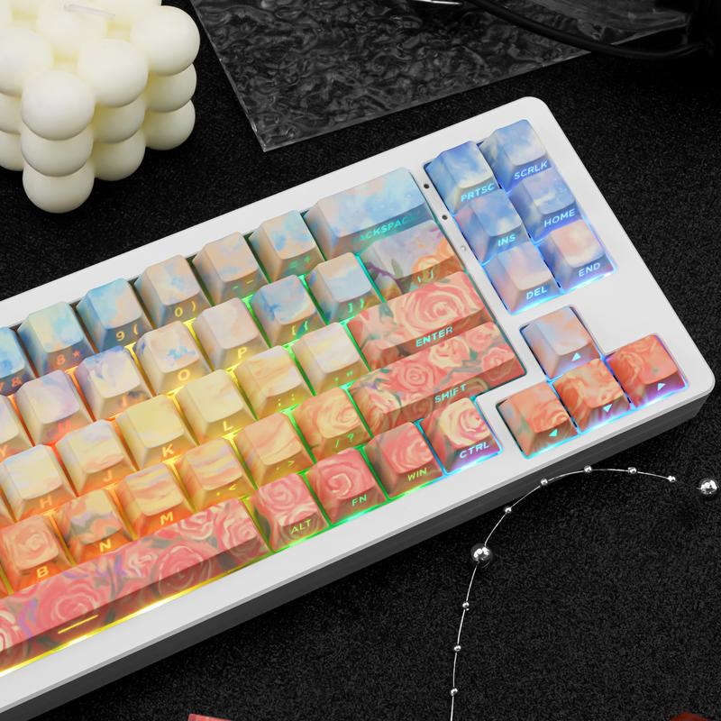 Rose Coast Gradient Oil Painting Style PBT Keycaps Compatible with 61/64/87/104/108 Cherry Switches Side-Engraved Transparent Keycaps Five-Sided Dye-Sublimation Custom Mechanical Keycaps Wear-Resistant Non-Transparent