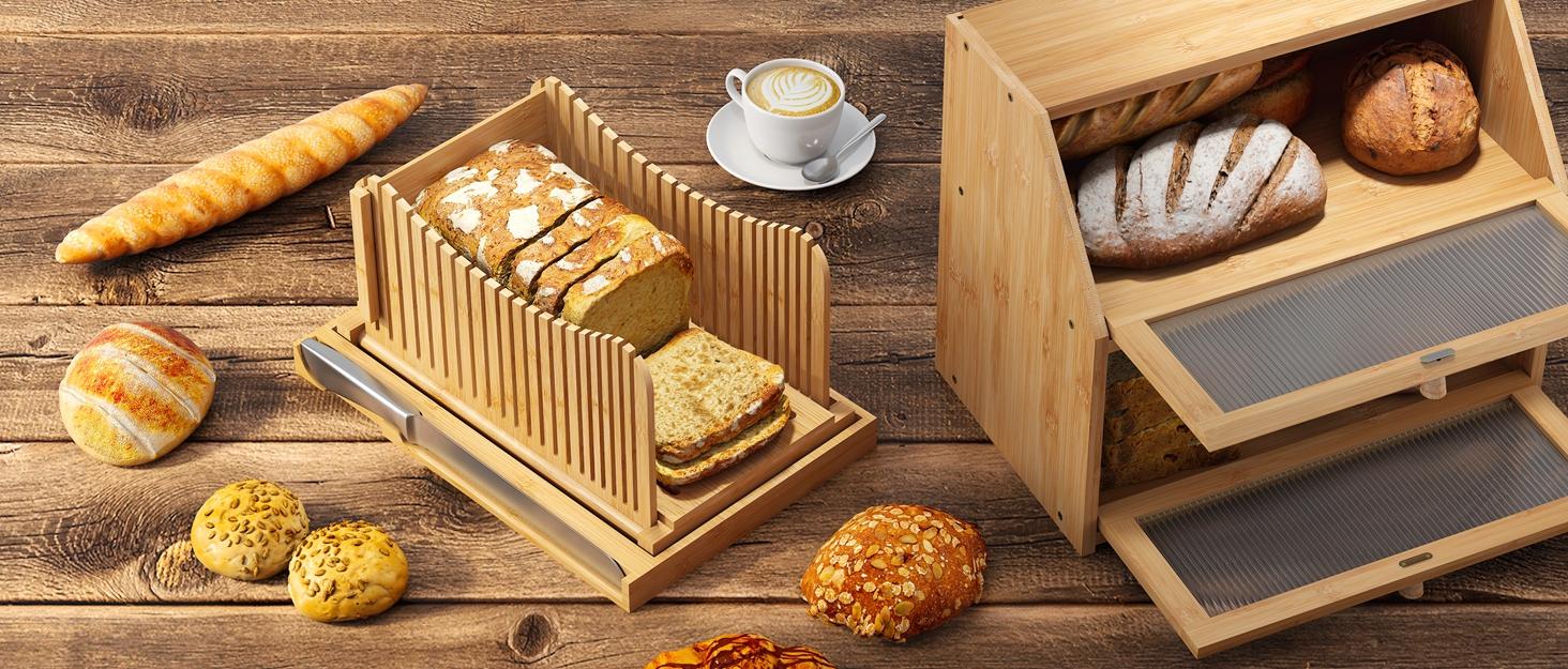 Bamboo Bread Slicer, Adjustable Bread Slicer Guide with 3 Thickness Size, Foldable Compact Chopping Cutting Board, Great for Homemade Bread, Cakes, Bagels