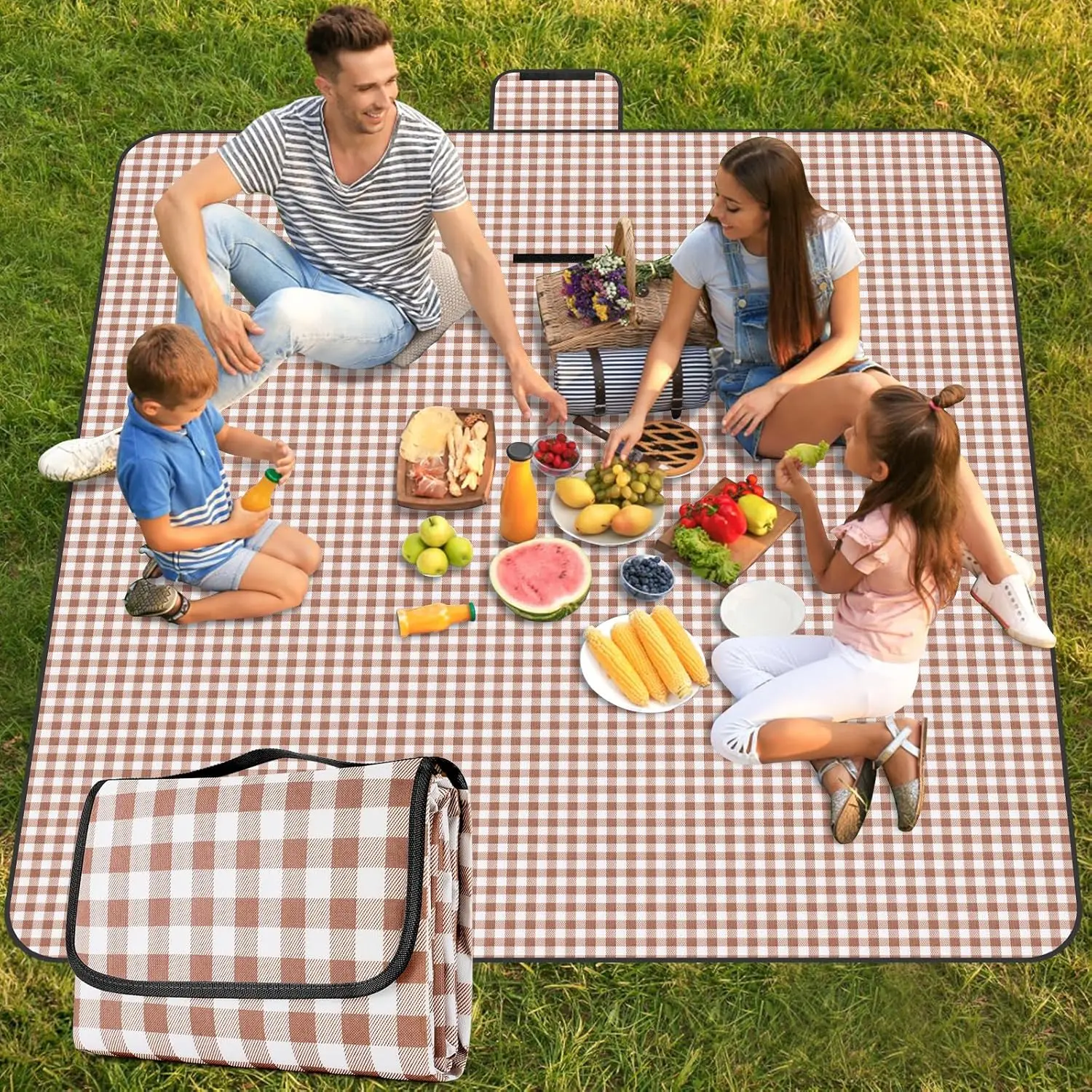Picnic Blanket  Beach Rug 80''x80'' Picnic Mat Washable Lightweight with Handle Coffee Checkered for Hiking Travelling Outdoor Camping,Parks