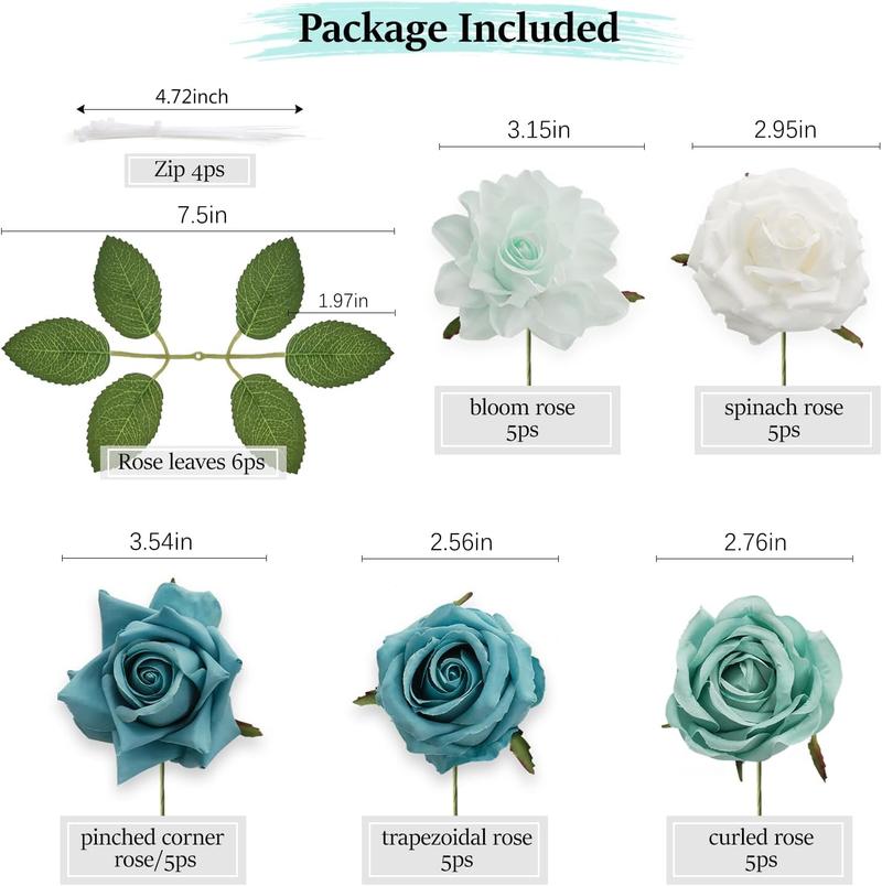 Artificial , 25 count Real Looking Teal Green Rose  Roses w/Stem for DIY Wedding Bouquets Centerpieces Arrangements Party  Shower  Decorations