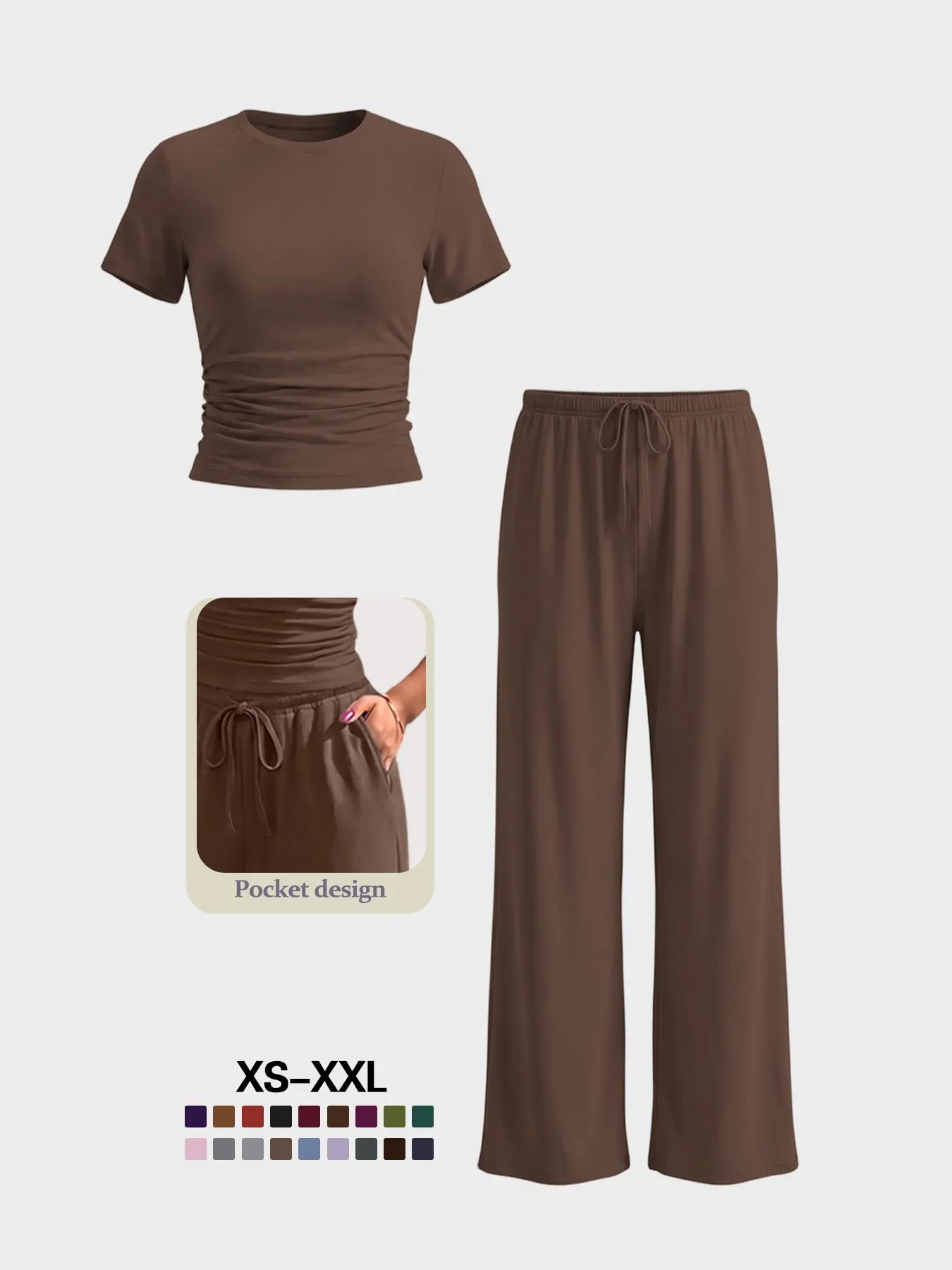 Women's Two Piece Lounge Set, Ruched Crop Tee & Drawstring Wide Leg Pants with Pockets Outfit, Casual Comfy Matching Set, Suitable for Daily Home Wear and Fashionable for Outings，Womenswear 2026