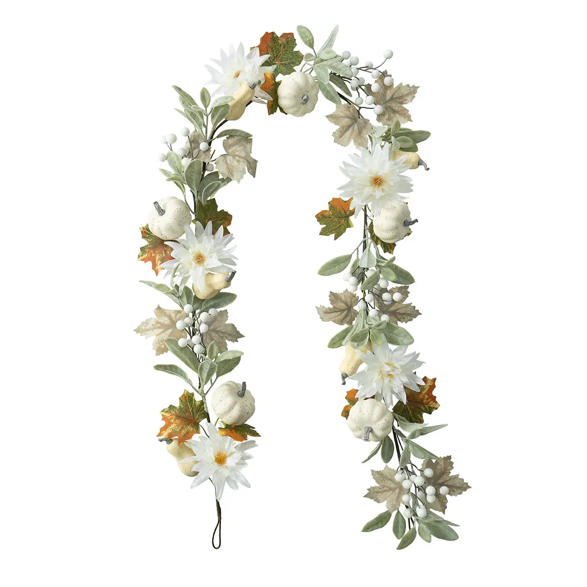 Artificial Christmas/Halloween Garland: White Pumpkins, Chrysanthemums, Maple Leaves, and Rabbit-Ear Foliage – Indoor Decorative Vine