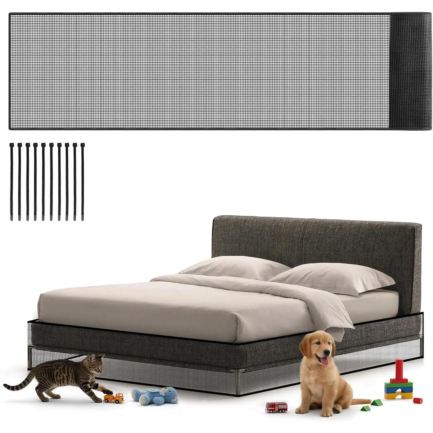 240 x 16 Inch Cutable Under Bed Blocker & Under Couch Blocker for Pets Toys, Sofa Furniture Bumper Barriers with Zip Ties, Extra Tall for King Queen Bed, Couch, Cabinet, Stop Dogs Cats(Black)