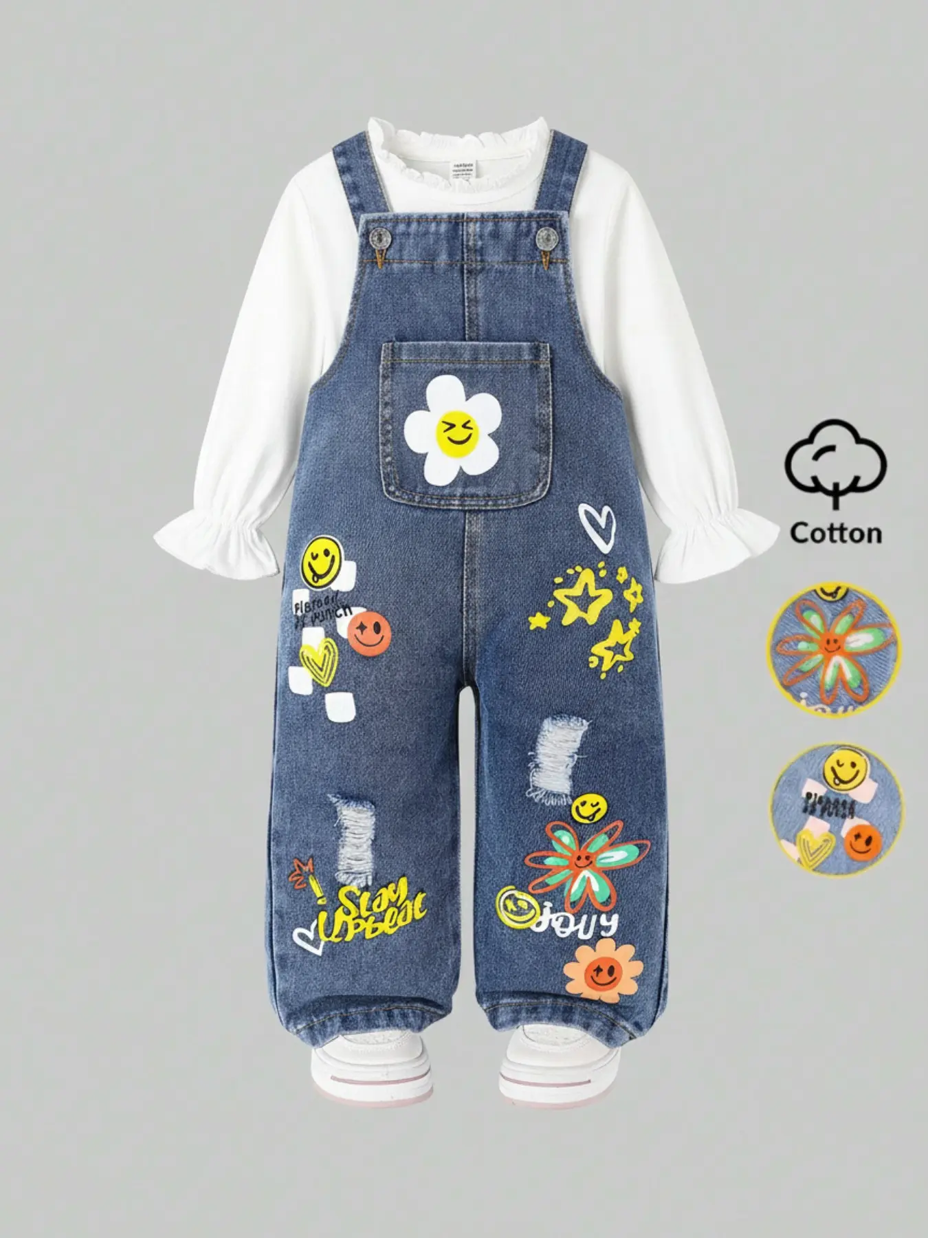 Girls' Adorable Denim Overall Pants, Fun Cartoon Patchwork Design, Playful Details, Sunflower Pocket Detail, Loose Fit, Soft Cotton Fabric, Perfect for Daily Wear