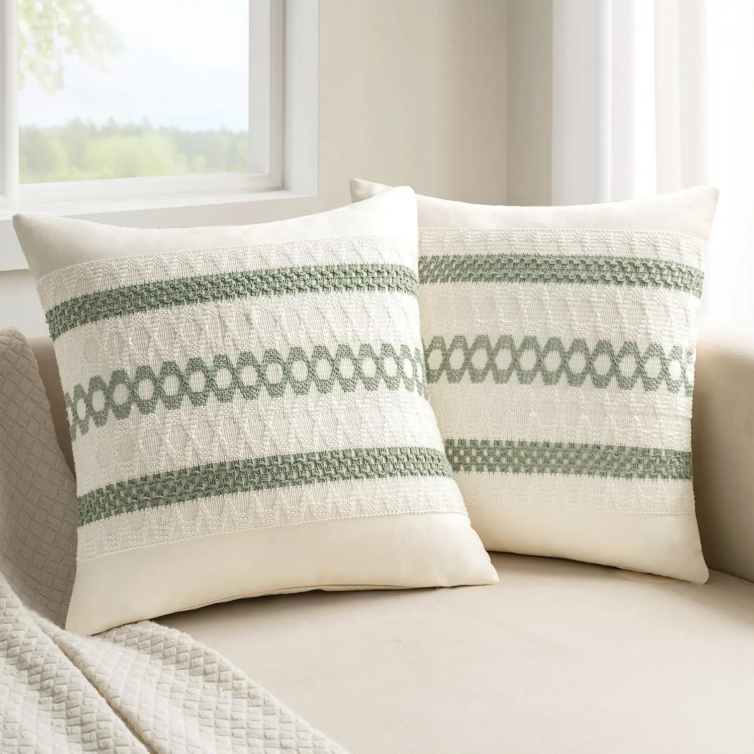 2-Pack Sage Green Boho Cotton Square Pillow Covers, 18x18 in Macrame Weave Decorative Cushion Covers for Farmhouse Rustic Couch, Bed Furniture