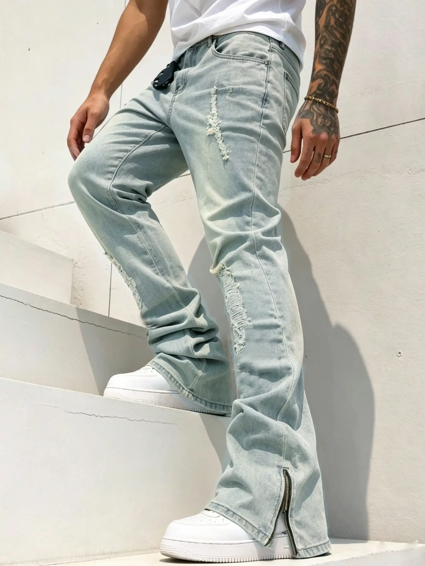 Men's Slim Fit Jeans, Vintage Distressed Style, Ankle Zip Design, Stretch Fabric, All-Season Wear, Casual Ripped Denim, Streetwear Fashion