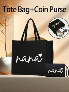 Large Capacity Linen Handbag with Small Pouch, Granny Love Letter Design, Multifunctional Shopping Bag, Ideal Gift for Doctors and Nurses